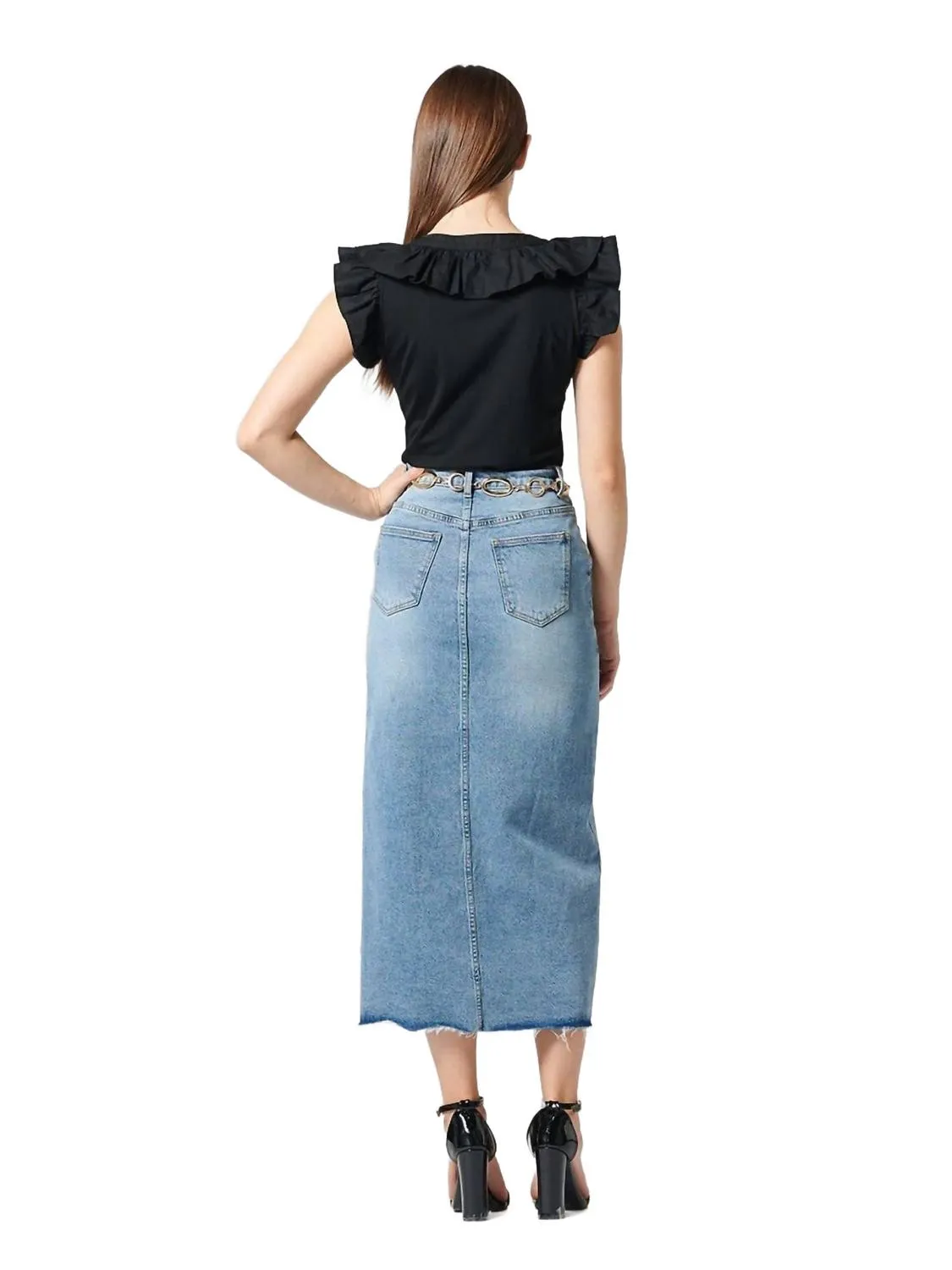Lässige High-Waist-Jeansröcke mit Seitenschlitz in Denim