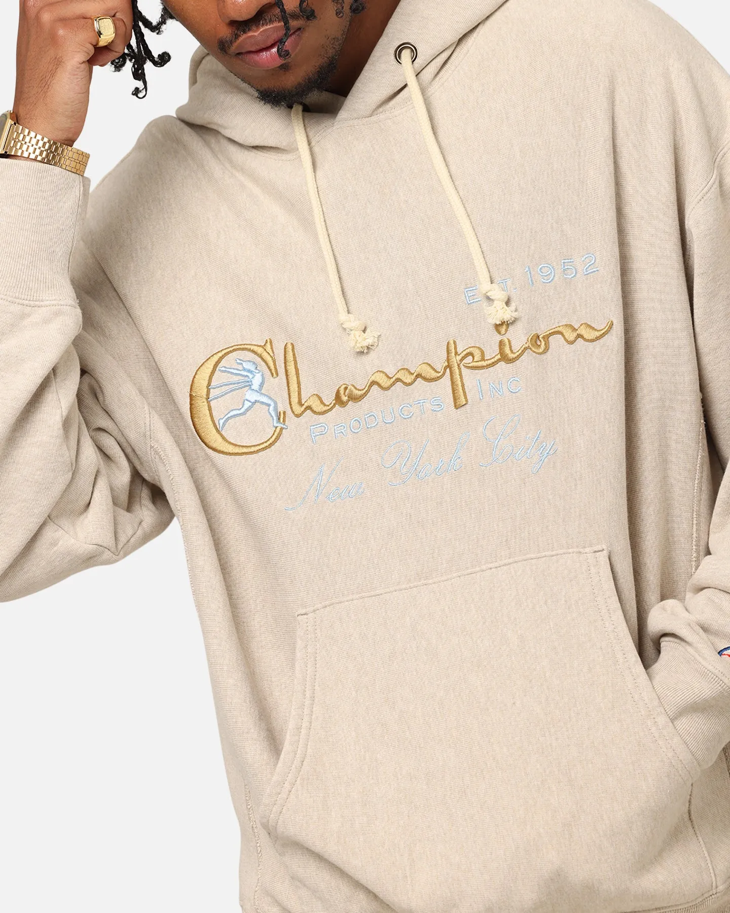 Champion Vintage Logo Sweatshirt Hoodie Haferflocken Meliert