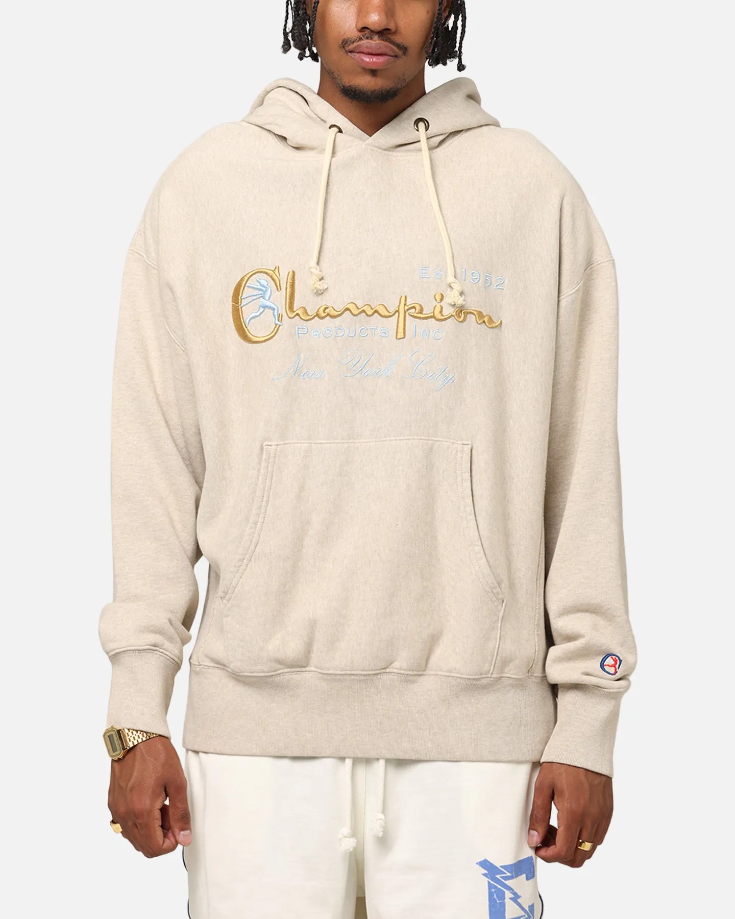 Champion Vintage Logo Sweatshirt Hoodie Haferflocken Meliert