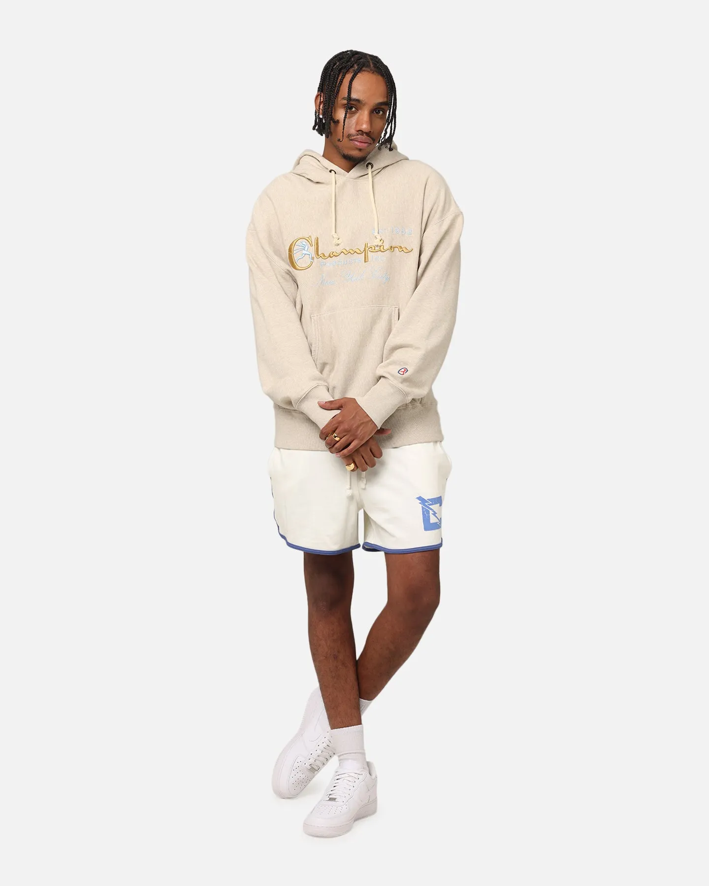 Champion Vintage Logo Sweatshirt Hoodie Haferflocken Meliert
