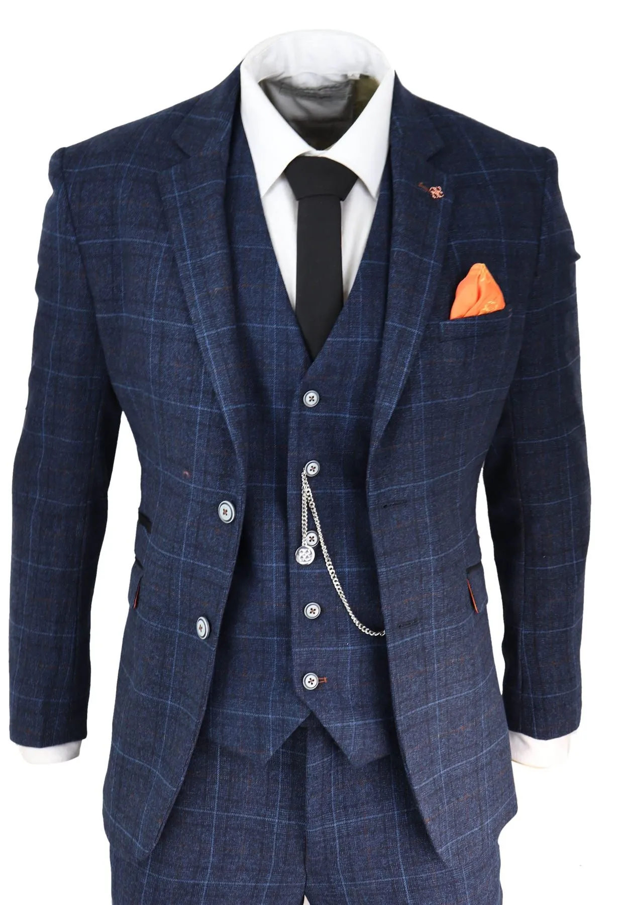 Cody Check Hochzeits-Prom Marineblau 3-teiliger Anzug