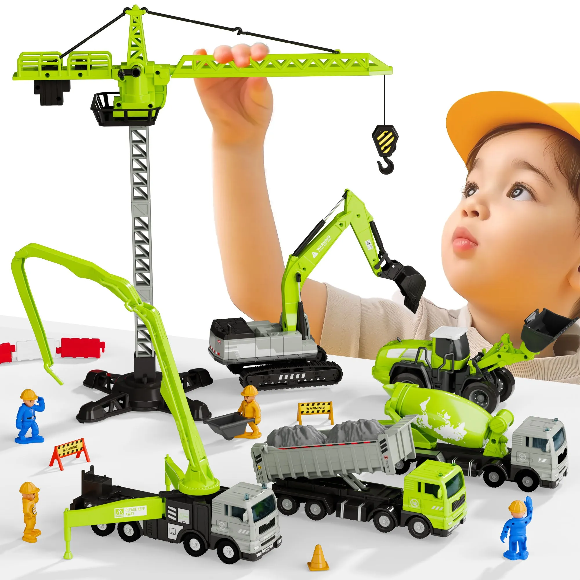 Bauspielzeug Laster für Jungen 3-5 Jahre, Kinderkran Bagger Kipper Abschleppwagen Bulldozer Gabelstapler Fahrzeuge Set