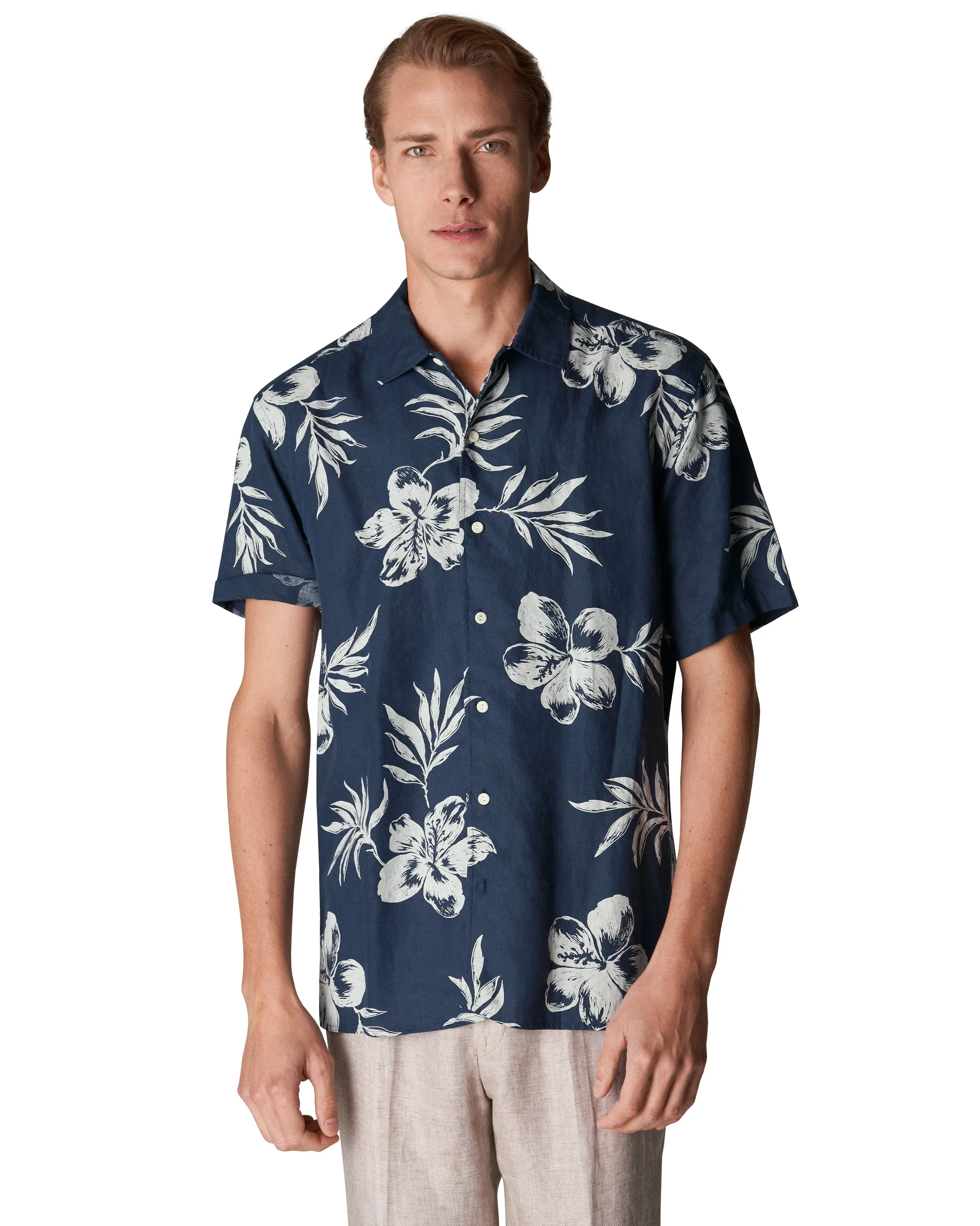 Moderne Passform Kurzarm Leinen Blumenhemd Marineblau