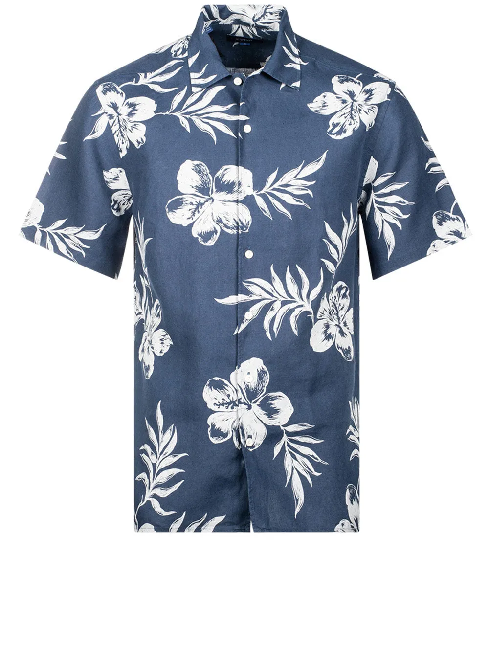 Moderne Passform Kurzarm Leinen Blumenhemd Marineblau