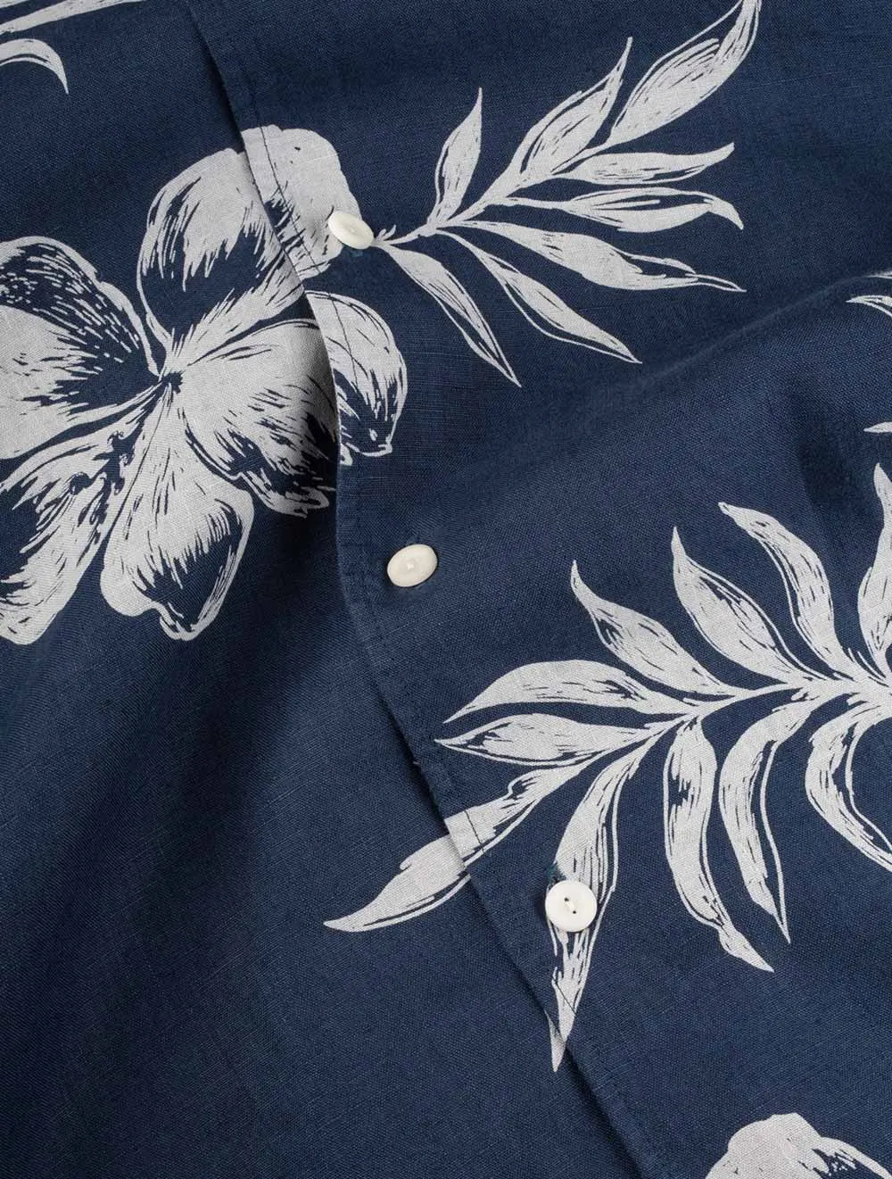 Moderne Passform Kurzarm Leinen Blumenhemd Marineblau