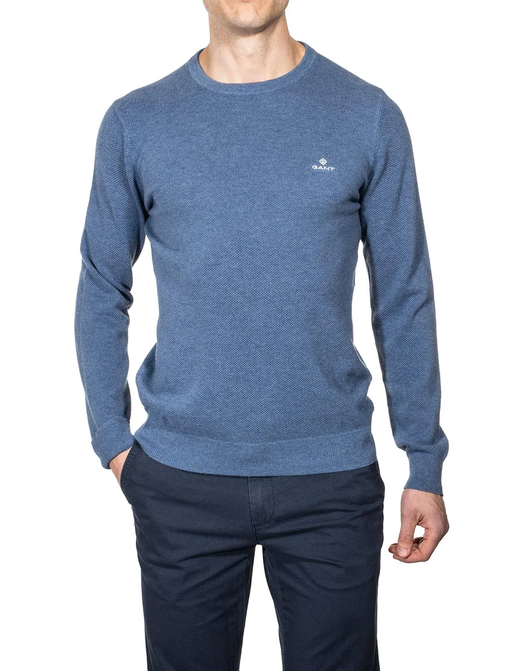Baumwoll-Piqué-Rundhalsausschnitt Denim Blau Melange