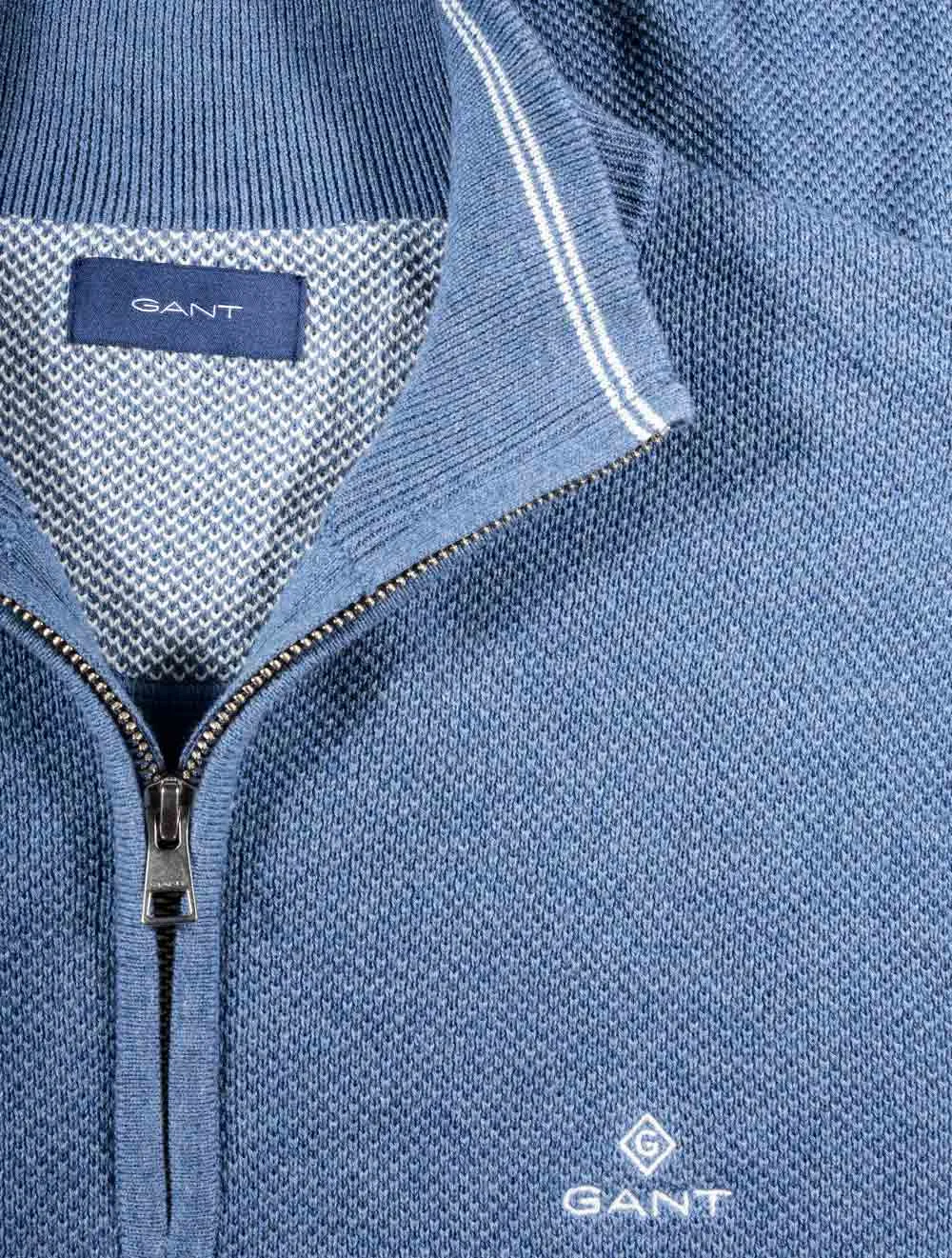 Baumwoll-Piqué-Halbzip-Denim-Blau-Mel