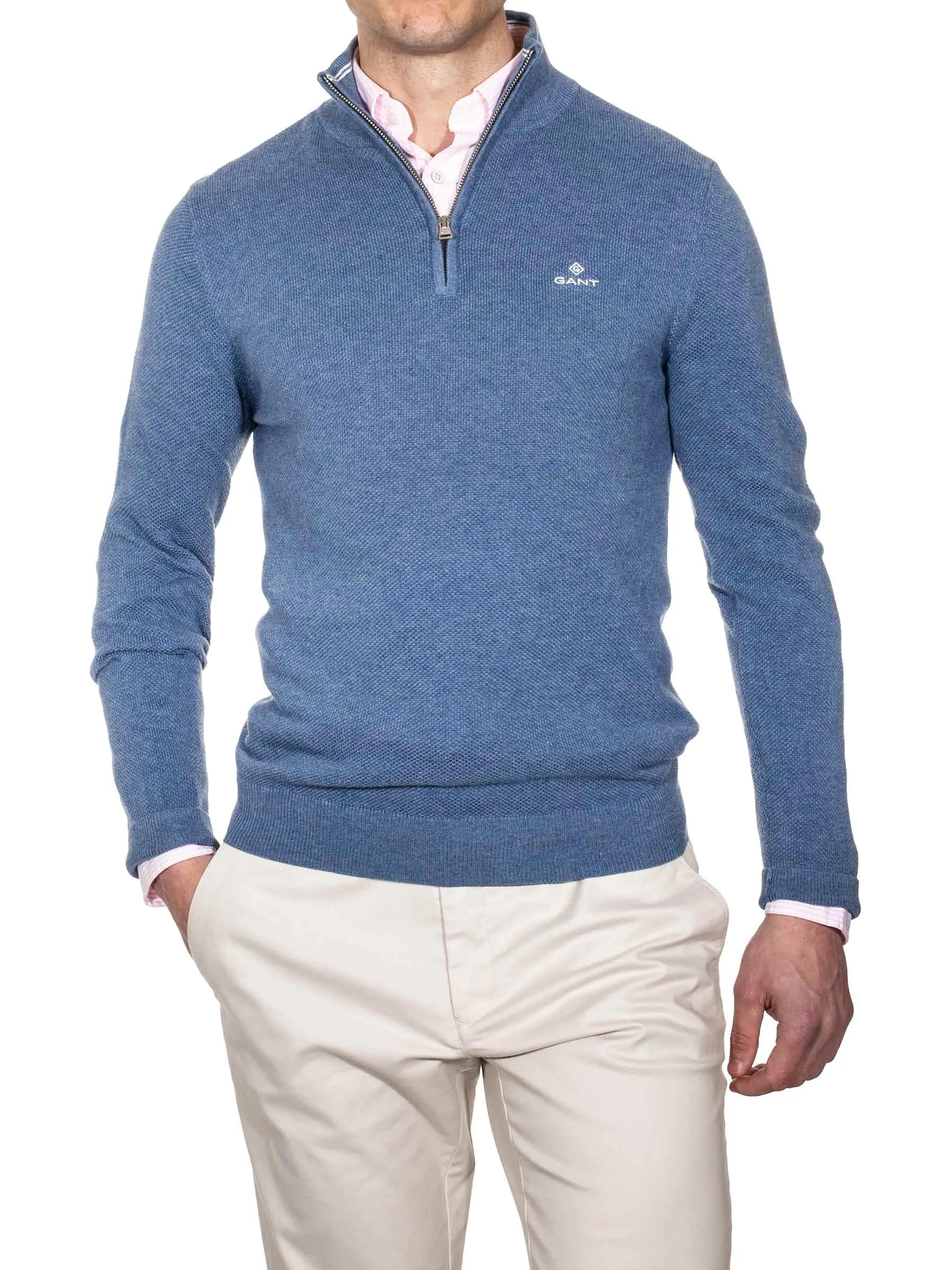 Baumwoll-Piqué-Halbzip-Denim-Blau-Mel