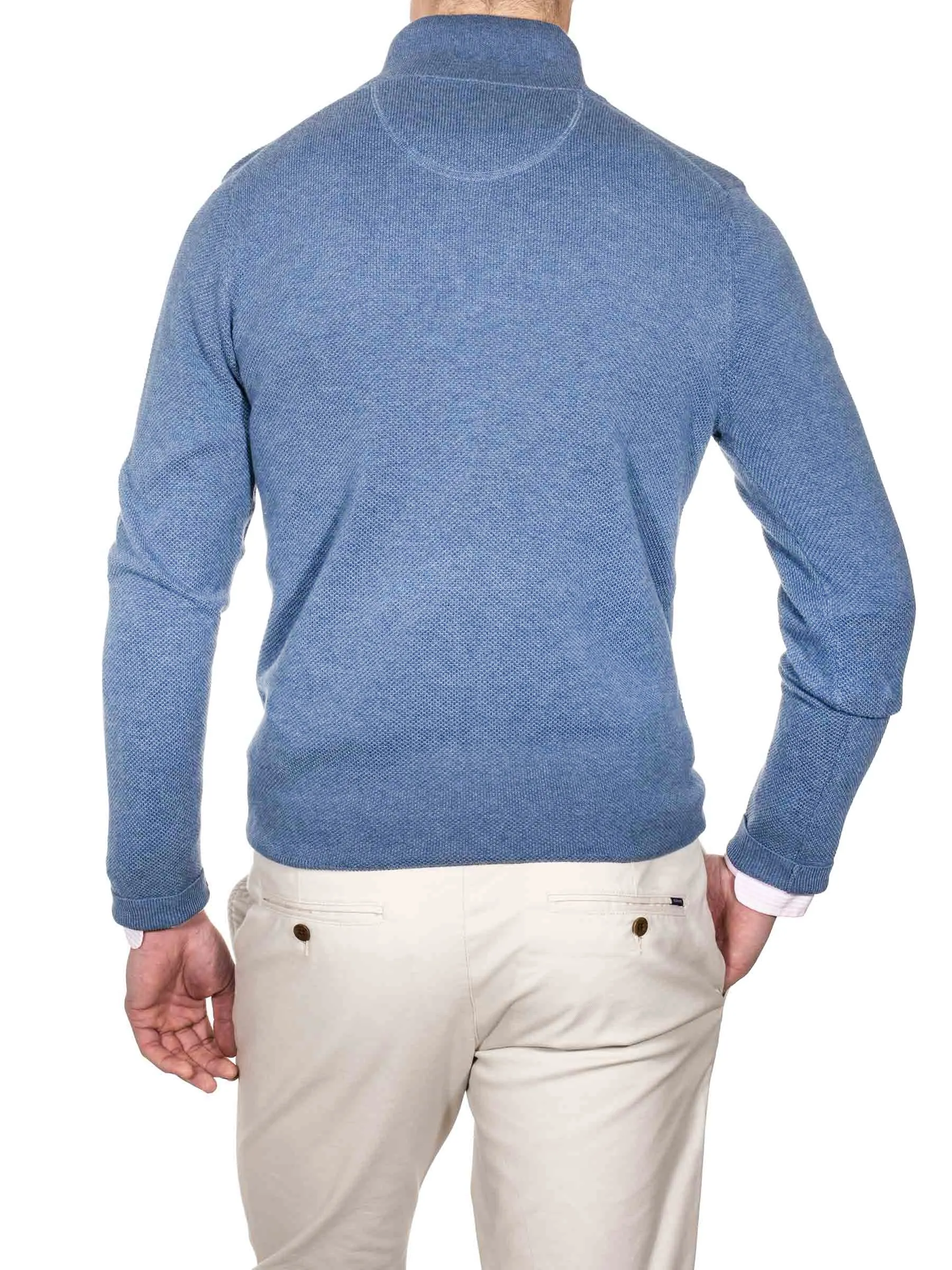 Baumwoll-Piqué-Halbzip-Denim-Blau-Mel