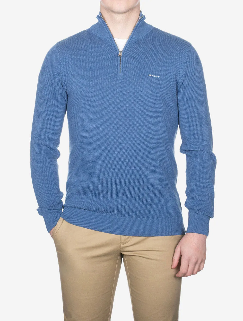 Baumwoll-Piqué-Halbzip in Denim Blue Melange