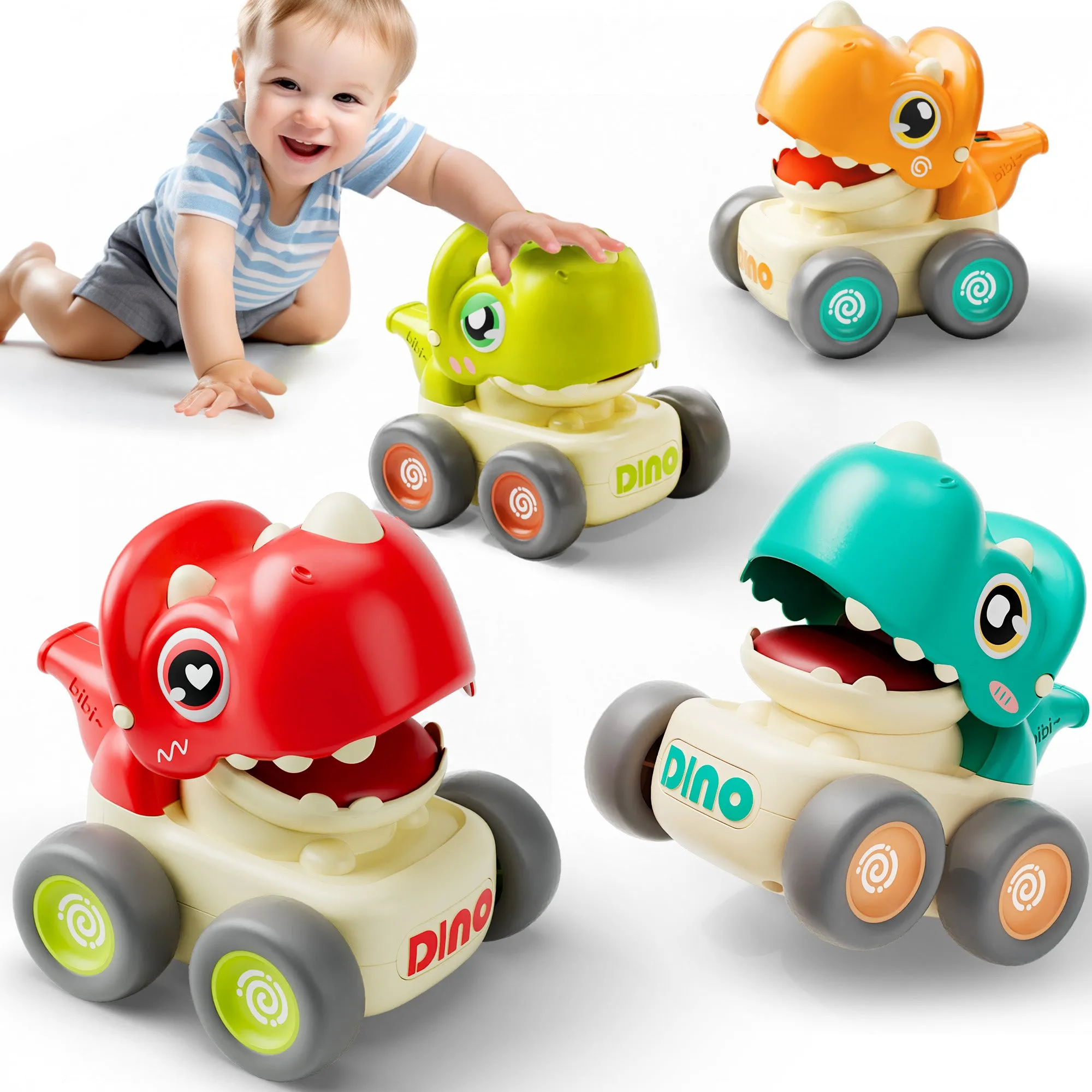 Dinosaurier-Fahrzeug-Spielzeugautos für Kleinkinder 1-3 Jahre, Baby-Dino-Druck-Gang-Pfeifenautos