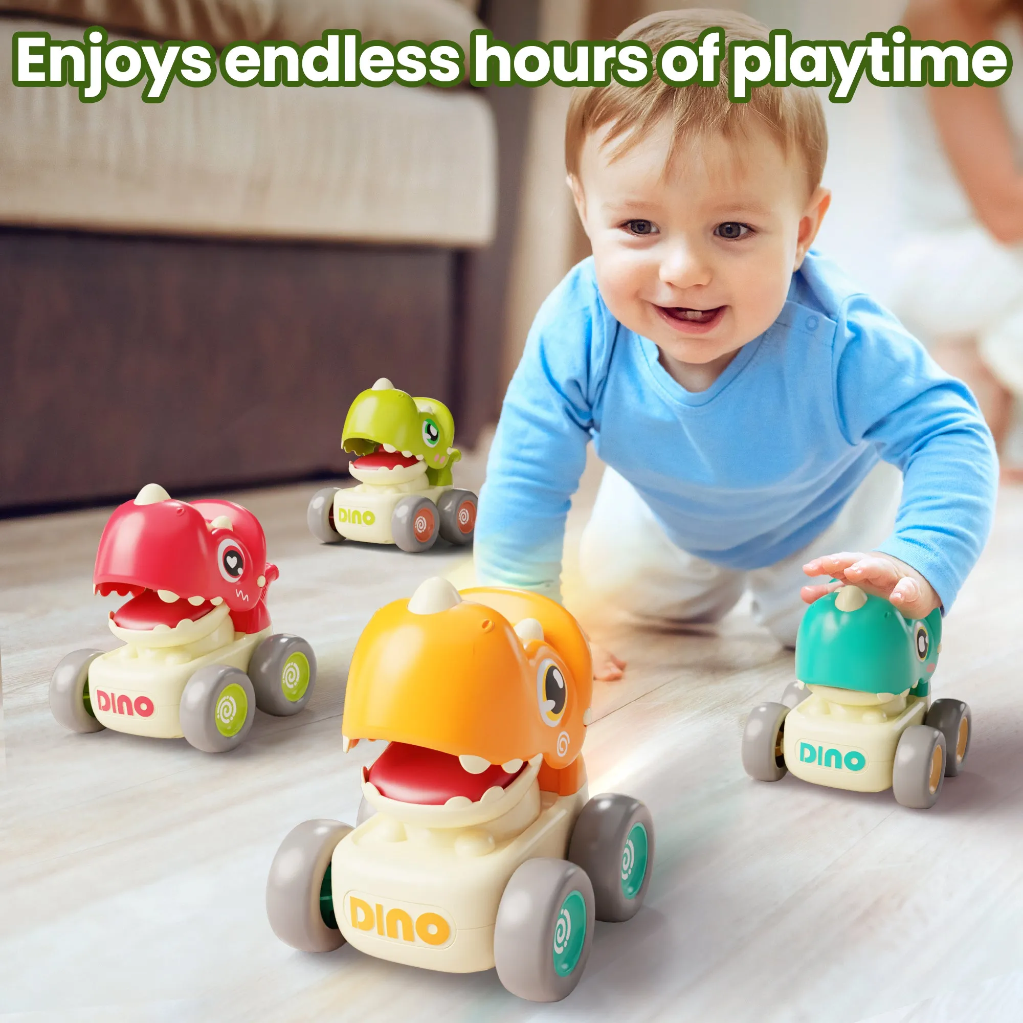 Dinosaurier-Fahrzeug-Spielzeugautos für Kleinkinder 1-3 Jahre, Baby-Dino-Druck-Gang-Pfeifenautos
