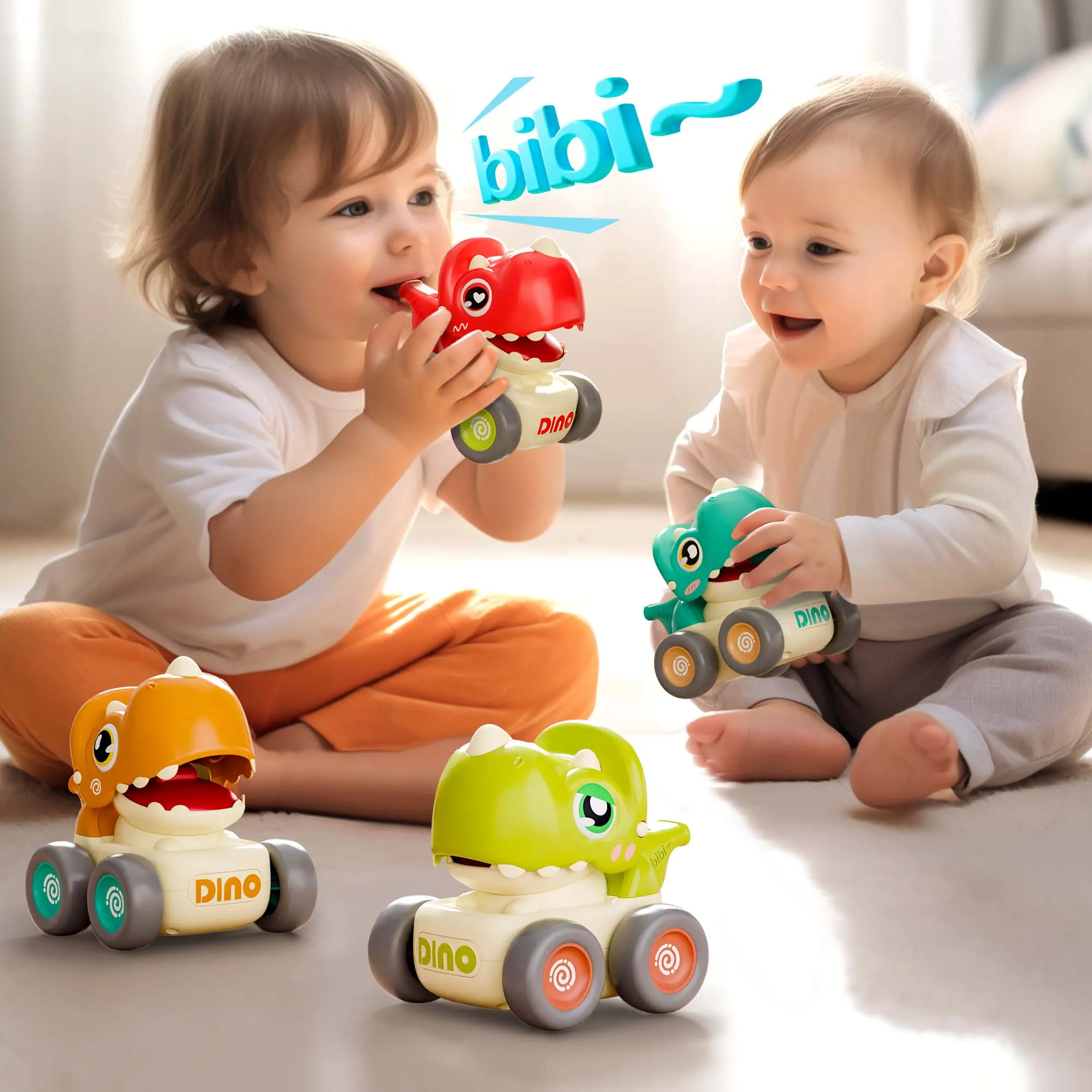 Dinosaurier-Fahrzeug-Spielzeugautos für Kleinkinder 1-3 Jahre, Baby-Dino-Druck-Gang-Pfeifenautos