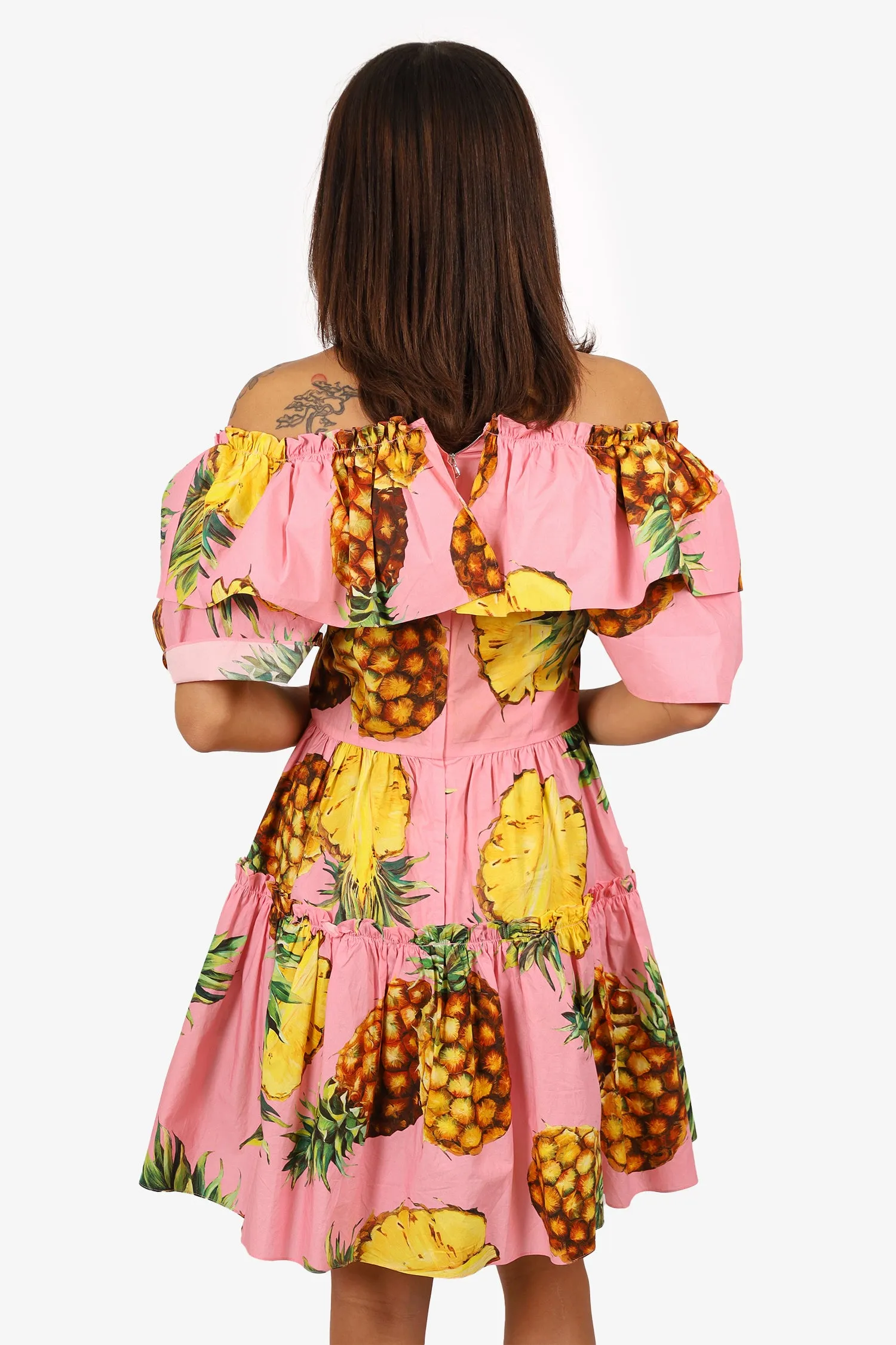 Dolce & Gabbana Rosa/Gelb Ananas-Print Rüschenärmel Kleid Größe 40
