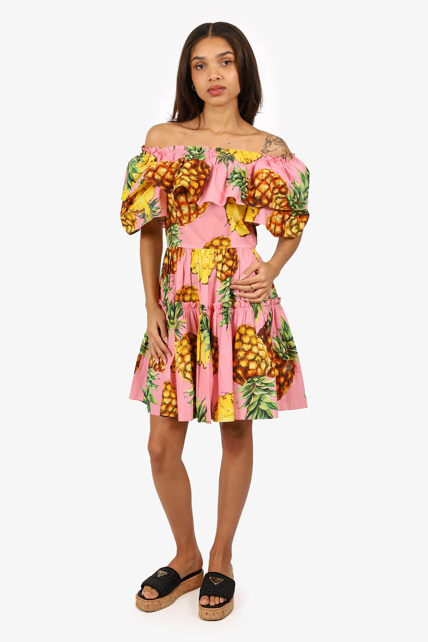 Dolce & Gabbana Rosa/Gelb Ananas-Print Rüschenärmel Kleid Größe 40