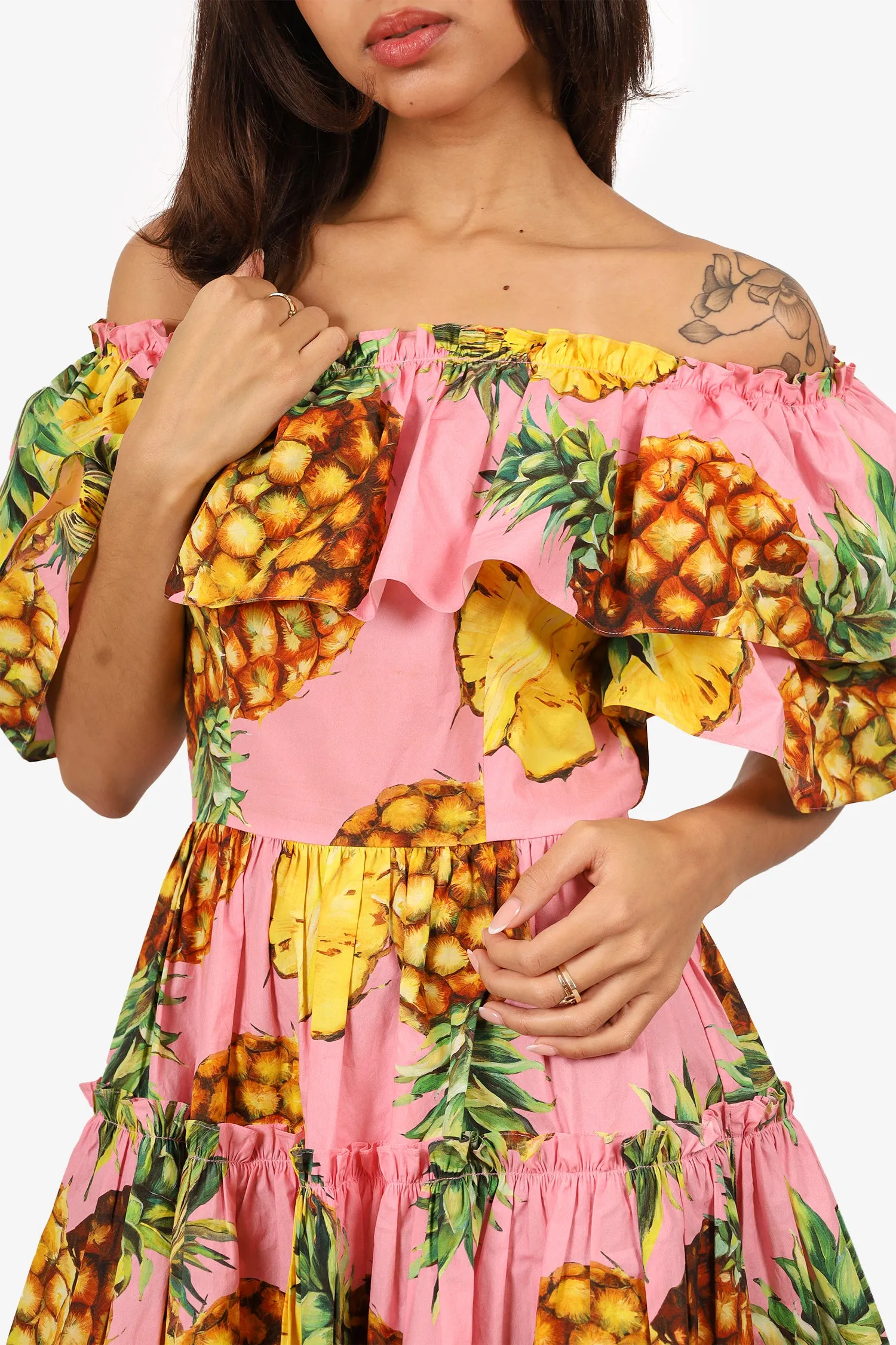 Dolce & Gabbana Rosa/Gelb Ananas-Print Rüschenärmel Kleid Größe 40