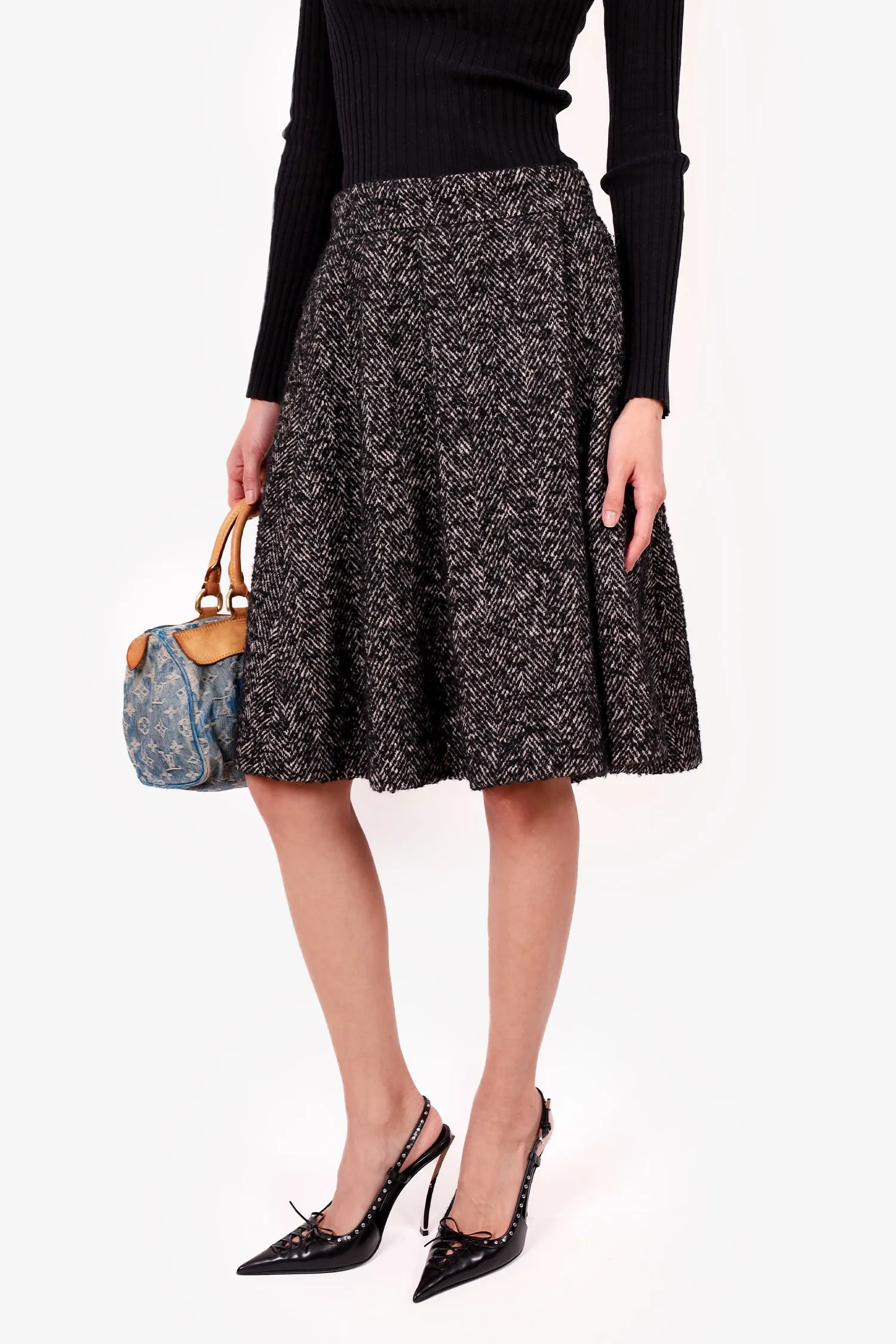 Dolce and Gabbana Schwarz/Weiß Tweed A-Line Rock Größe 42
