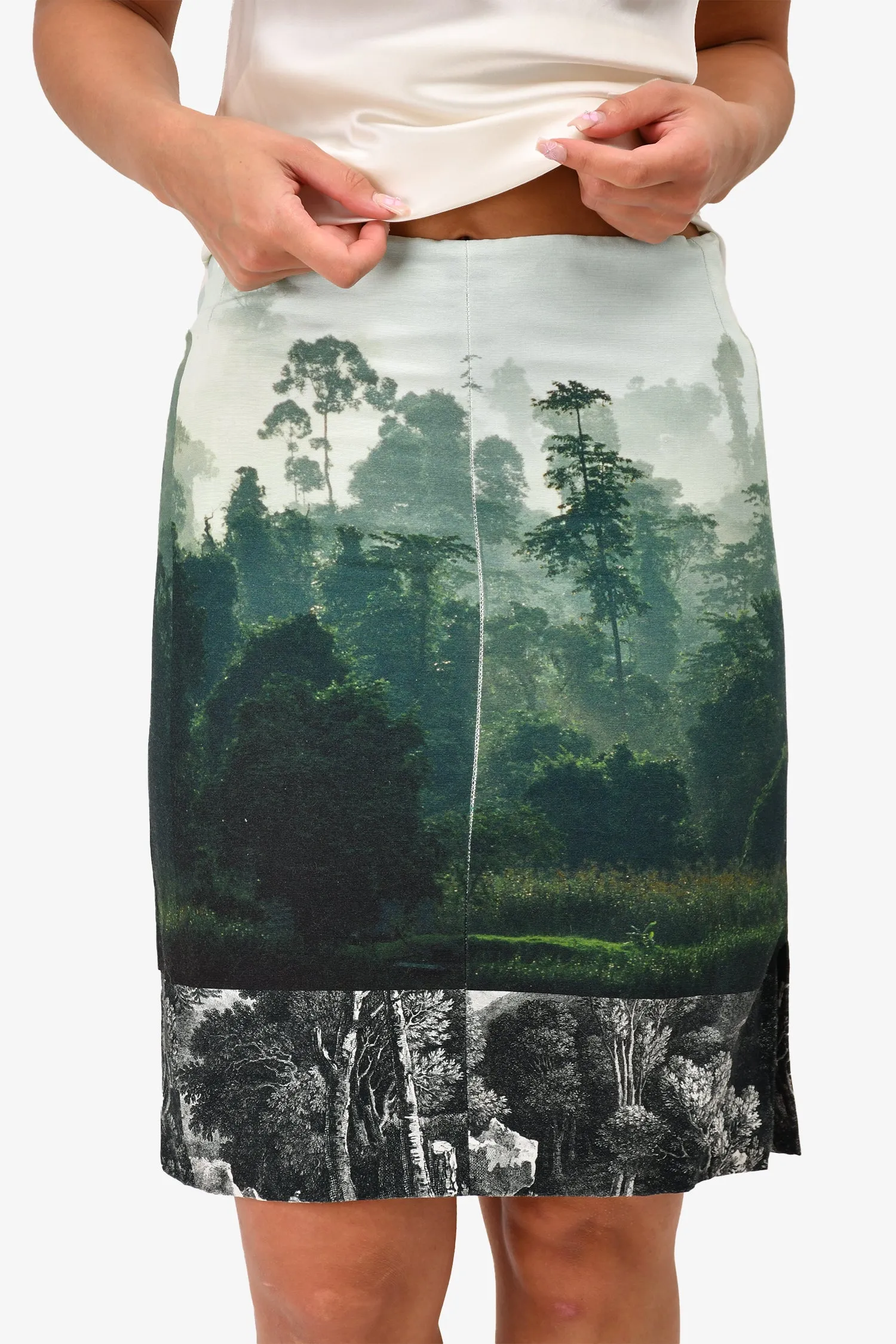 Dries Van Noten Grüner Baumwoll-Landschaftskniebundrock Größe 38