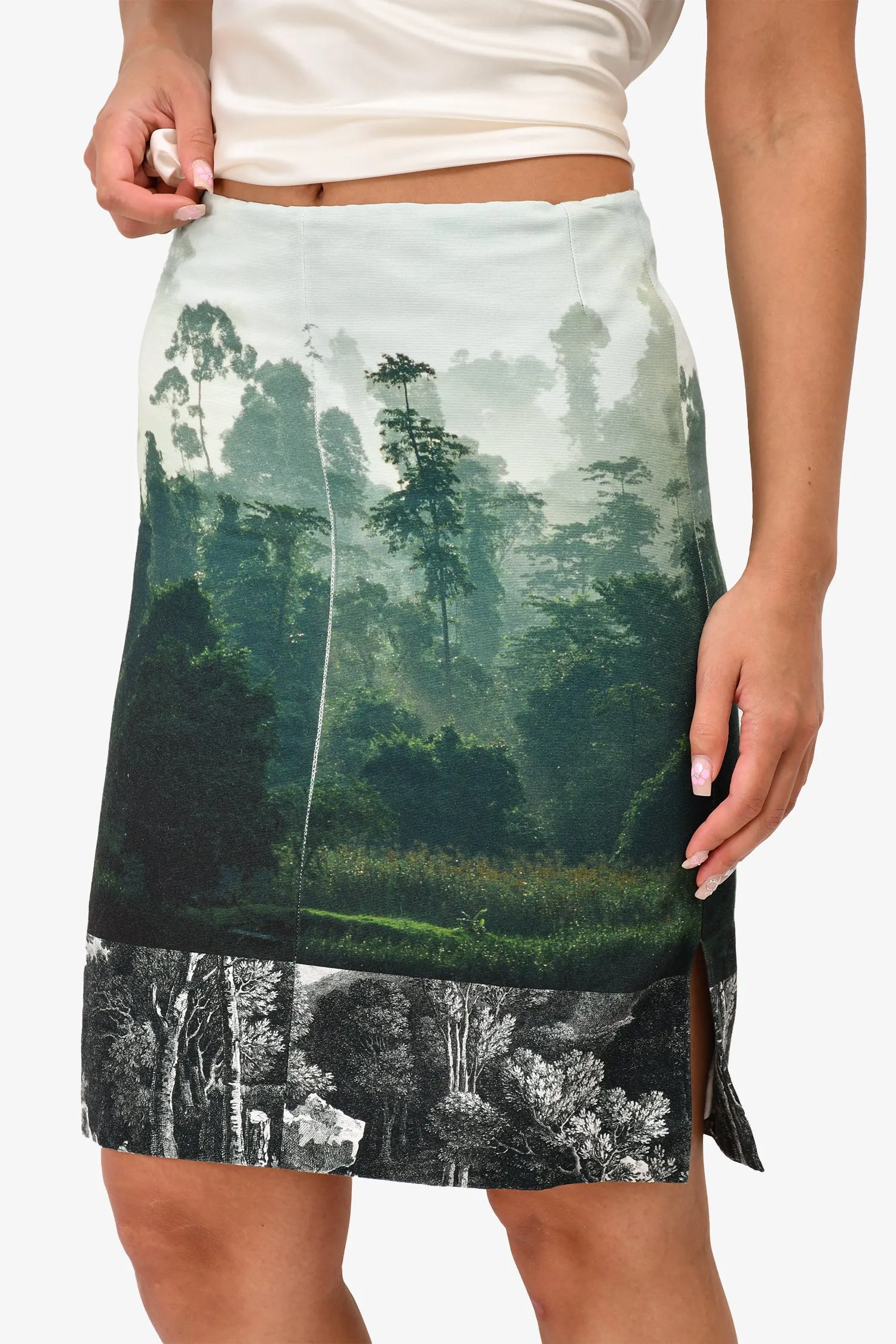 Dries Van Noten Grüner Baumwoll-Landschaftskniebundrock Größe 38