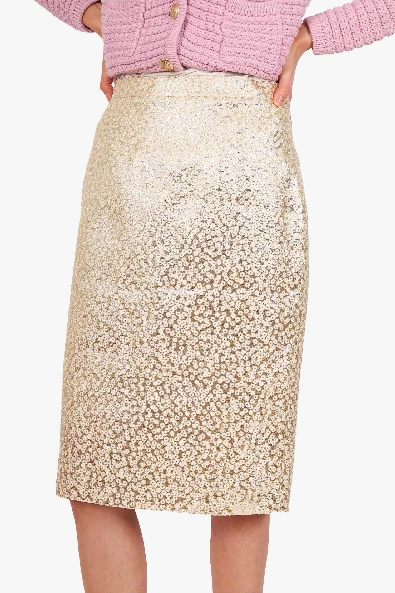 Dsquared2 Gold/Weißer Kniebund-Bleistiftrock Größe 42