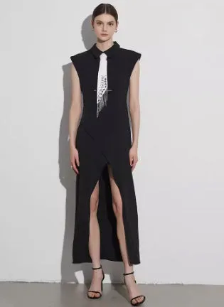Elegantes Revers ärmelloses Hochtailliertes Kleid Casual Midikleid Für Damen