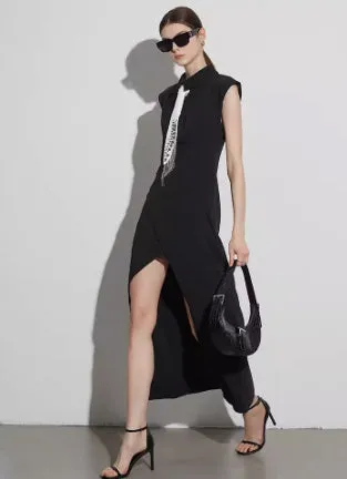 Elegantes Revers ärmelloses Hochtailliertes Kleid Casual Midikleid Für Damen