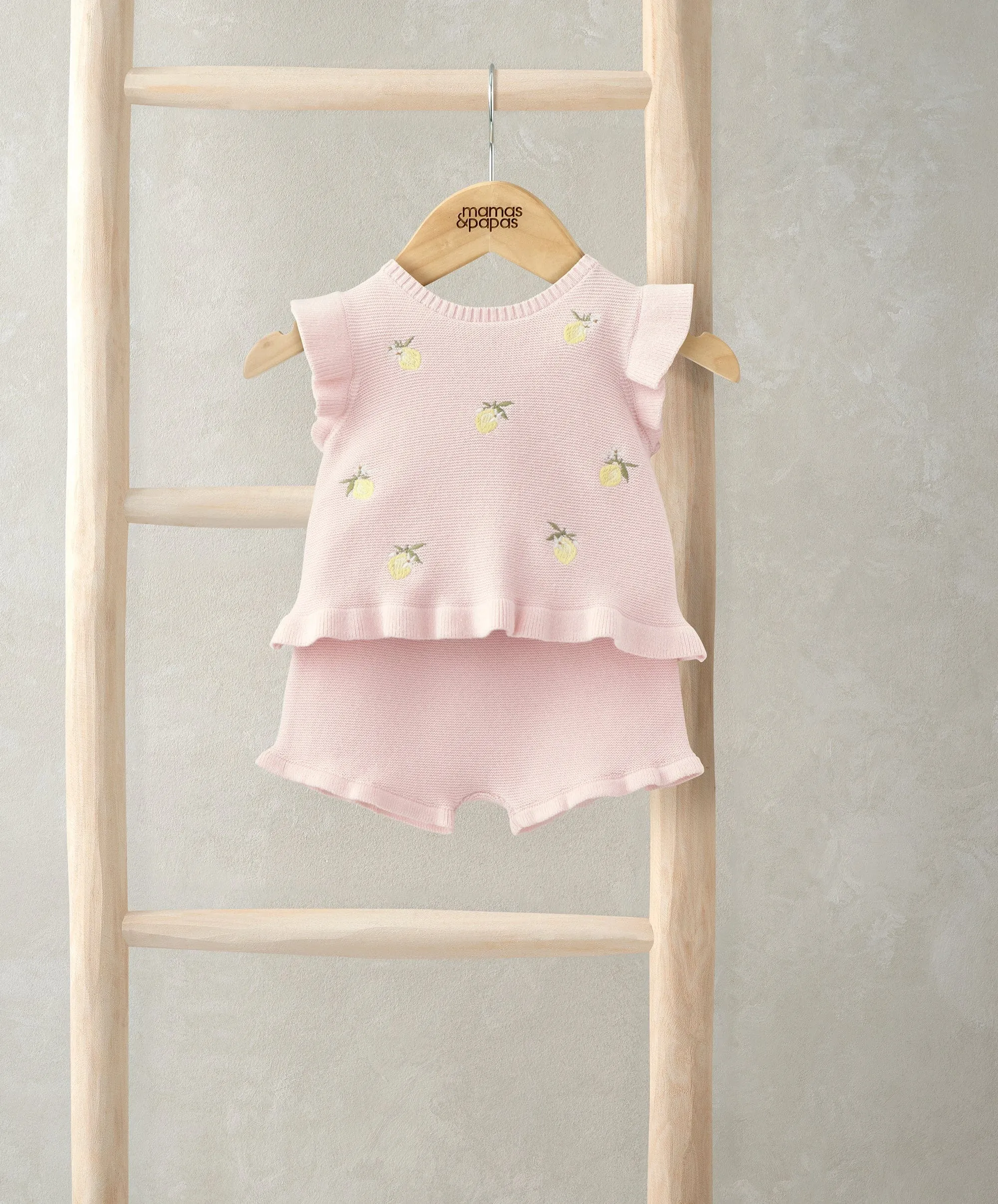 Besticktes Strickoberteil & Shorts-Set (2-teilig) - Rosa
