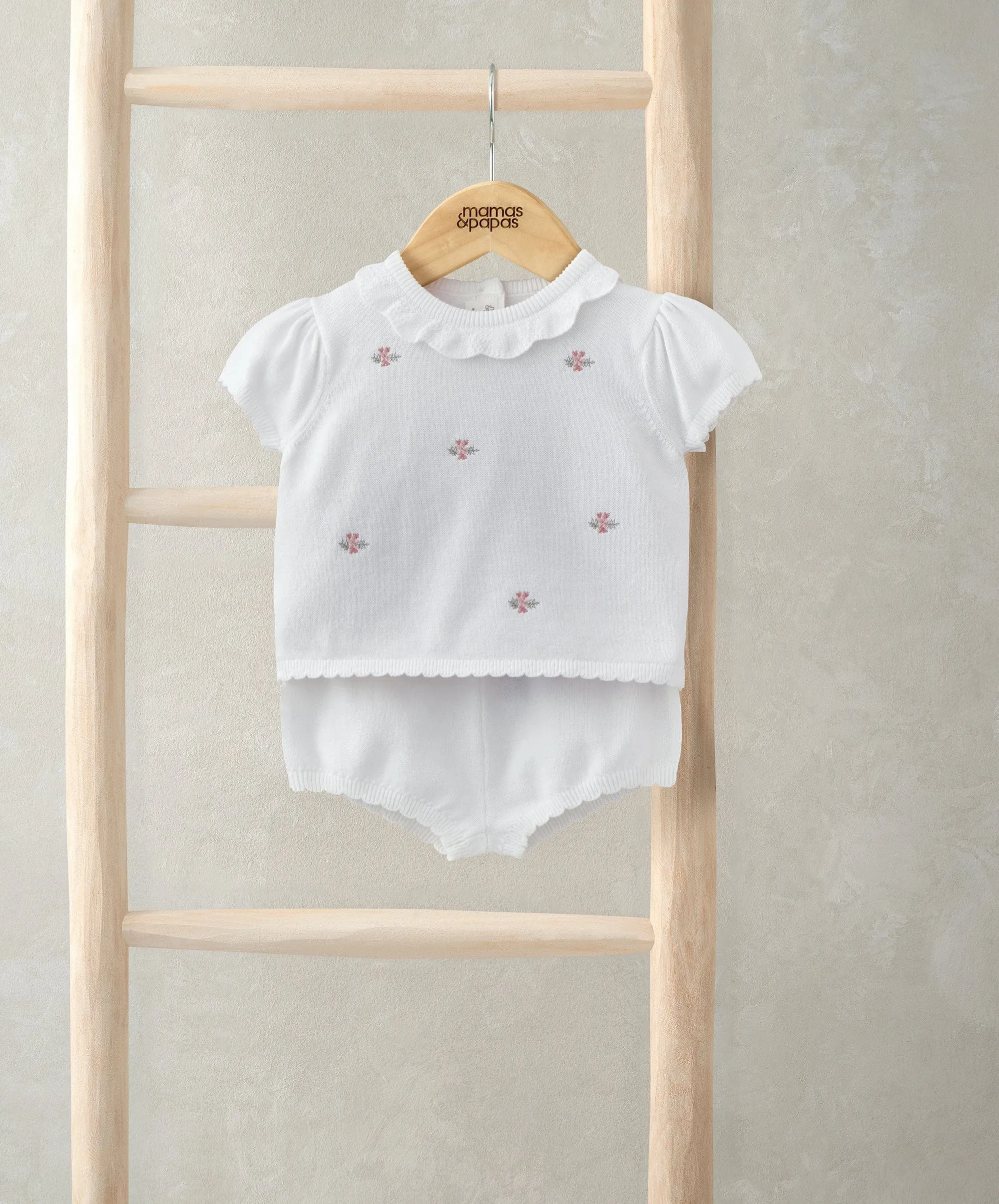 Besticktes Strickoberteil & Shorts-Set (2-teilig) - Weiß