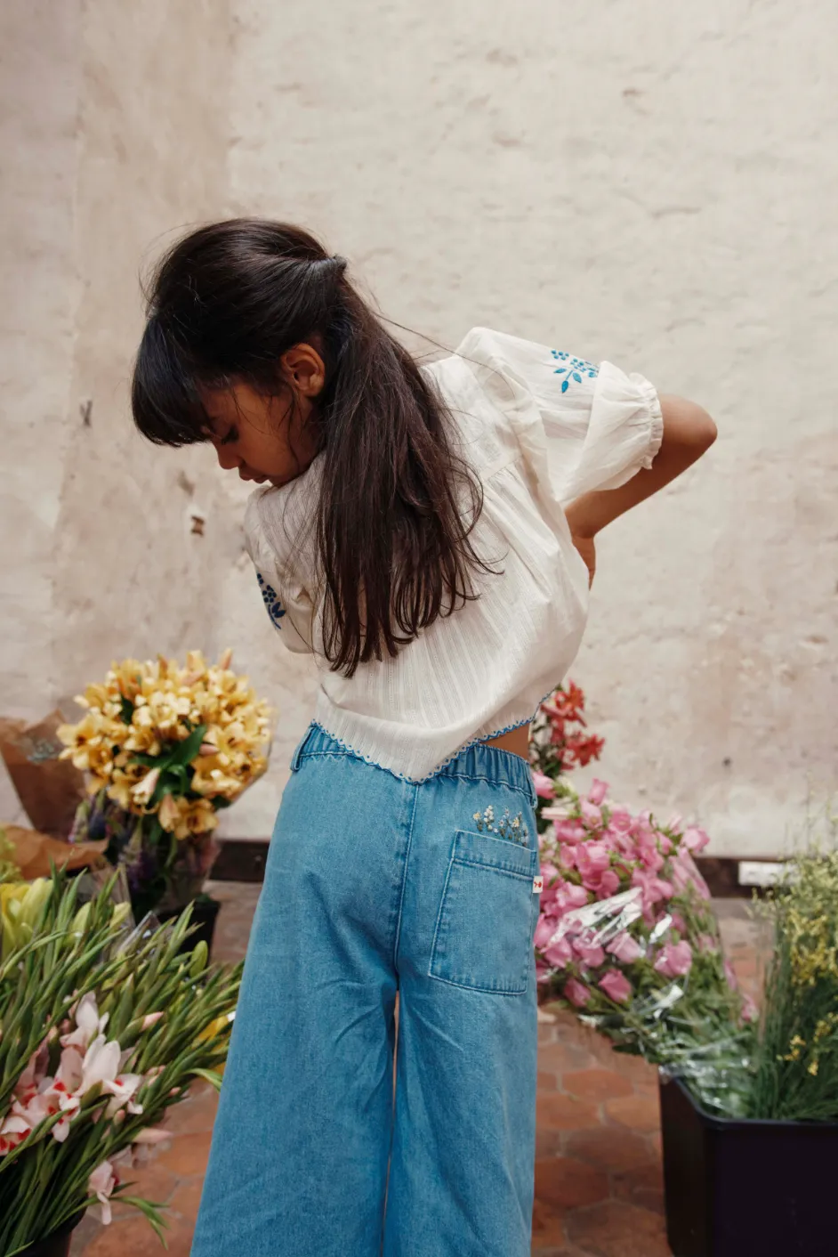 Emile Et Ida Jungen Mädchen BESTICKTE TASCHE WEITE HOSE - DENIM