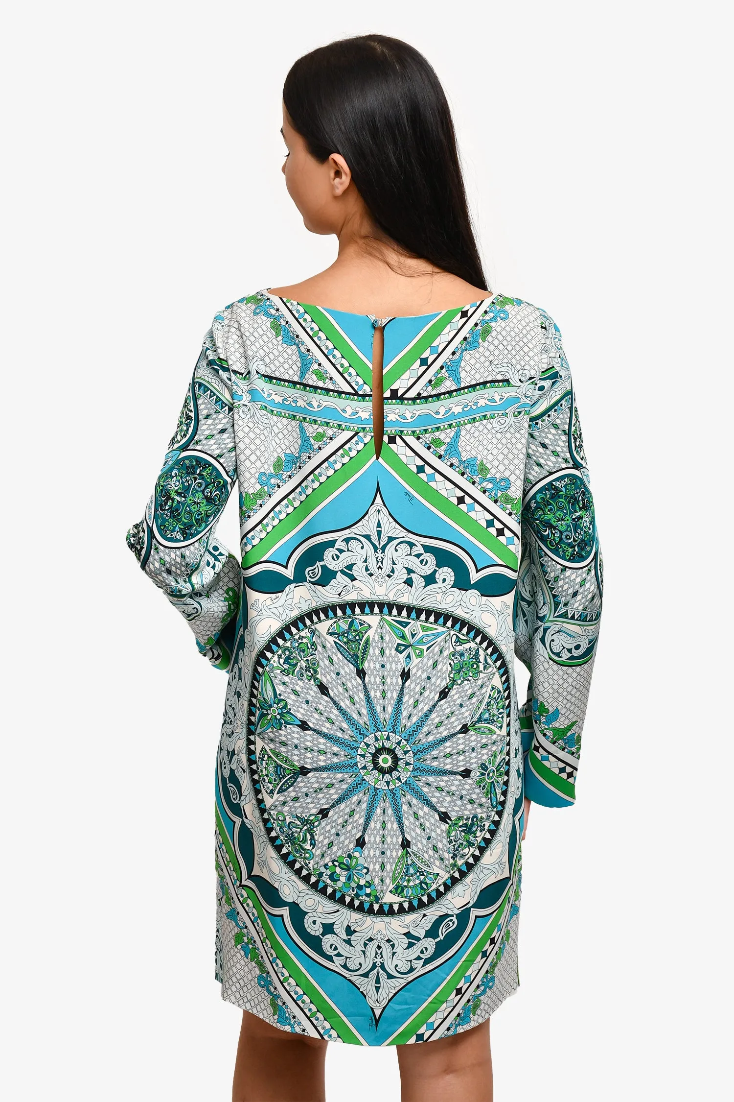 Emilio Pucci Blau/Grün bedrucktes Seiden-Shiftkleid Größe 14 US
