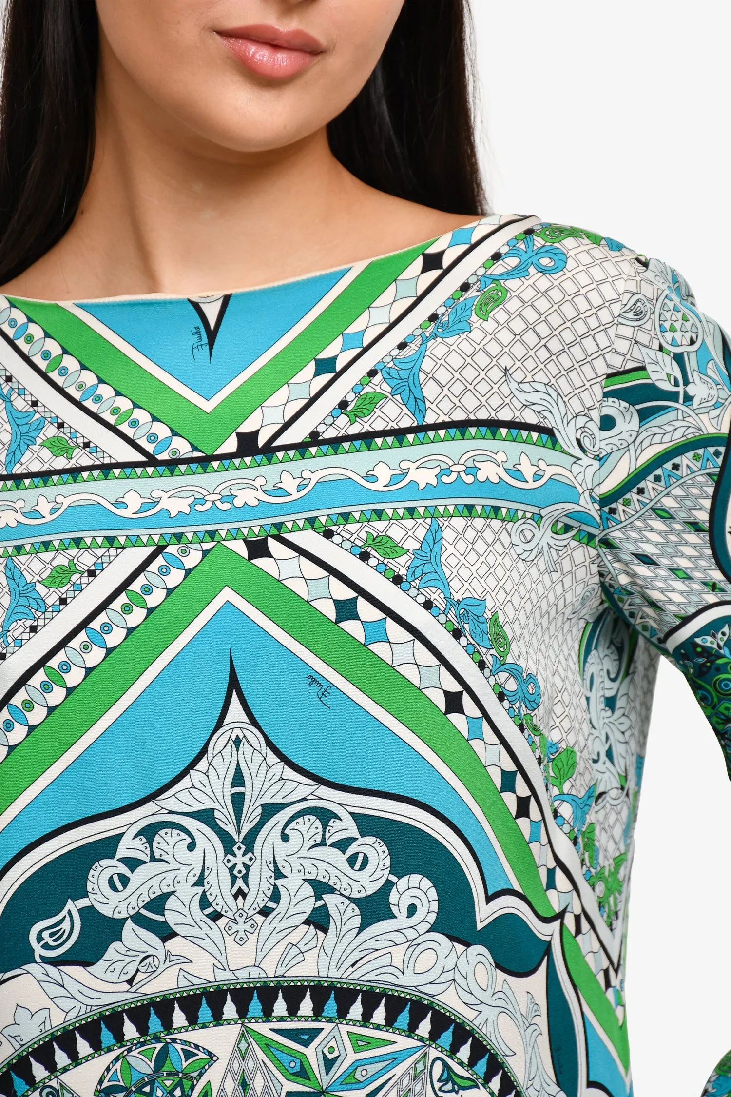 Emilio Pucci Blau/Grün bedrucktes Seiden-Shiftkleid Größe 14 US