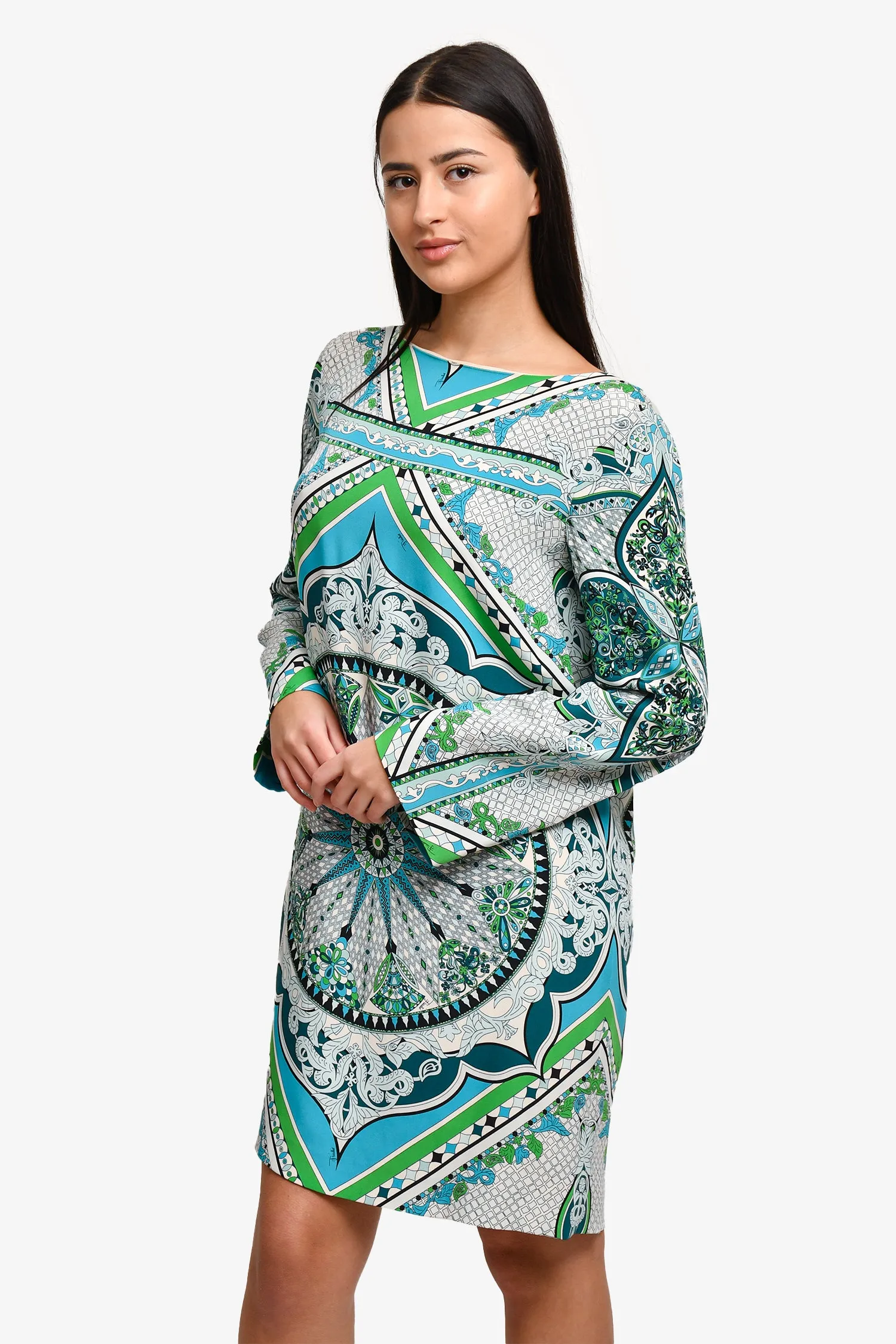 Emilio Pucci Blau/Grün bedrucktes Seiden-Shiftkleid Größe 14 US
