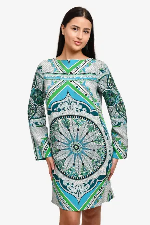 Emilio Pucci Blue/Green Printed Silk Shift Dress Size 14 US