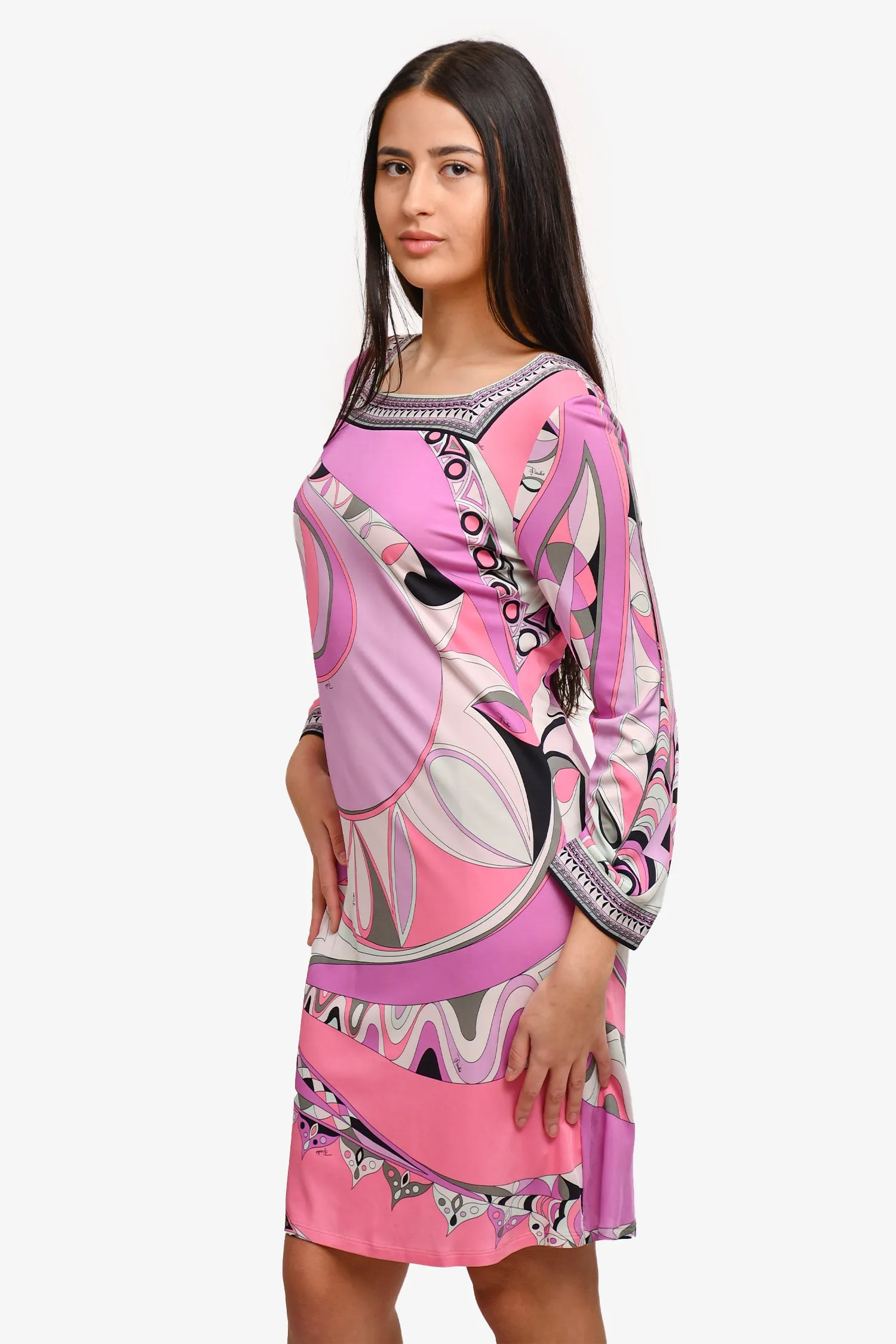 Emilio Pucci Lila/Rosa bedrucktes Kleid mit quadratischem Ausschnitt Größe 14 US