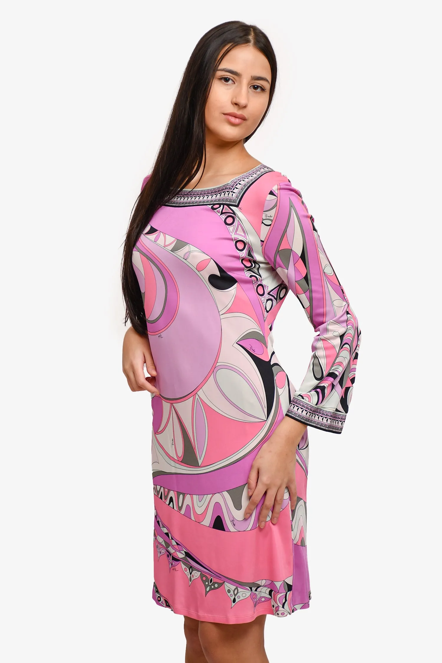Emilio Pucci Lila/Rosa bedrucktes Kleid mit quadratischem Ausschnitt Größe 14 US