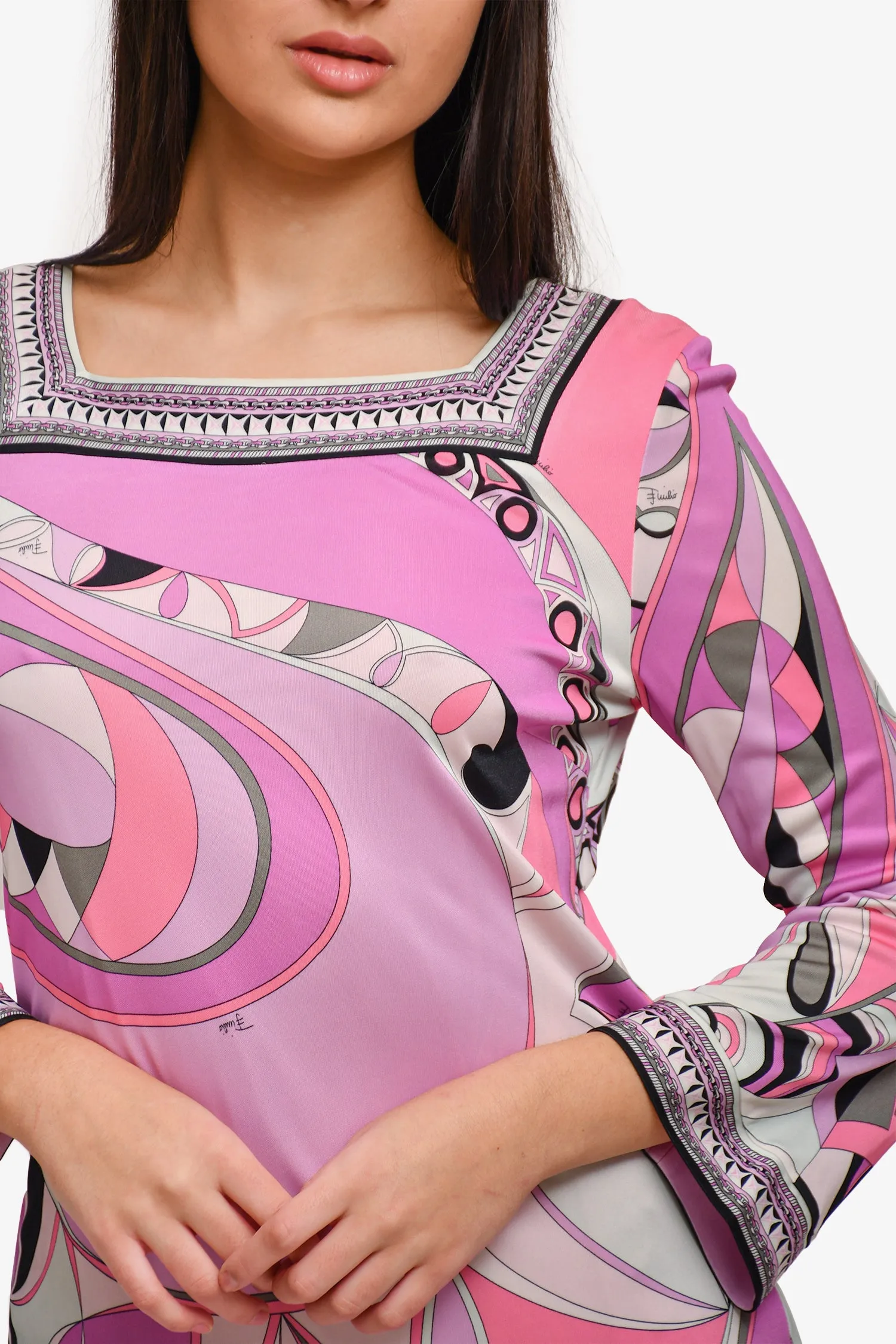 Emilio Pucci Lila/Rosa bedrucktes Kleid mit quadratischem Ausschnitt Größe 14 US