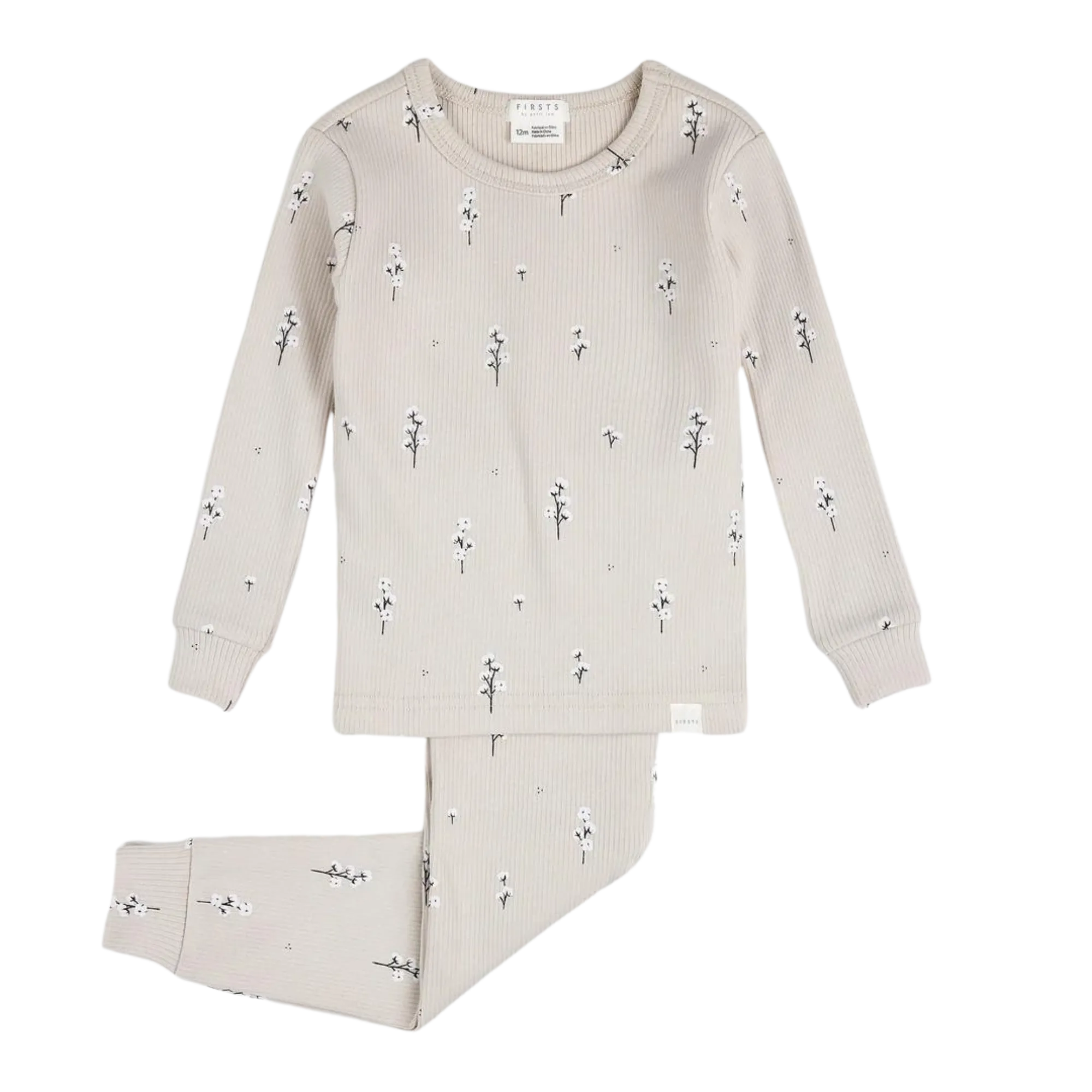 FIRSTS Baumwollblumen-Druck auf Rippstoff-Pyjama-Set in Cremefarben