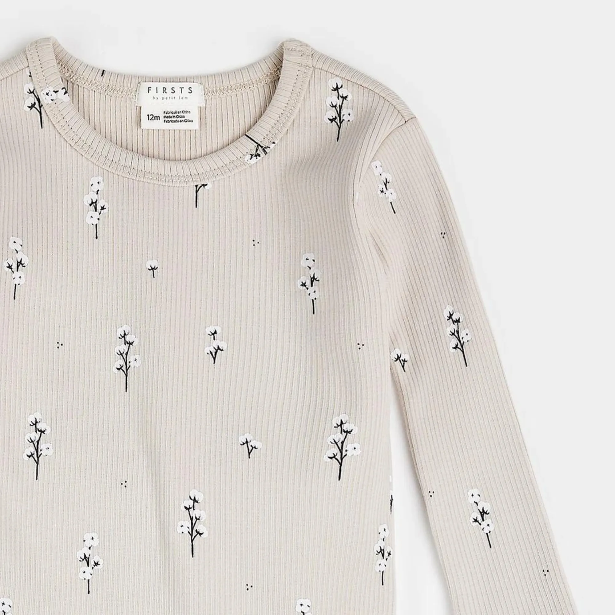 FIRSTS Baumwollblumen-Druck auf Rippstoff-Pyjama-Set in Cremefarben
