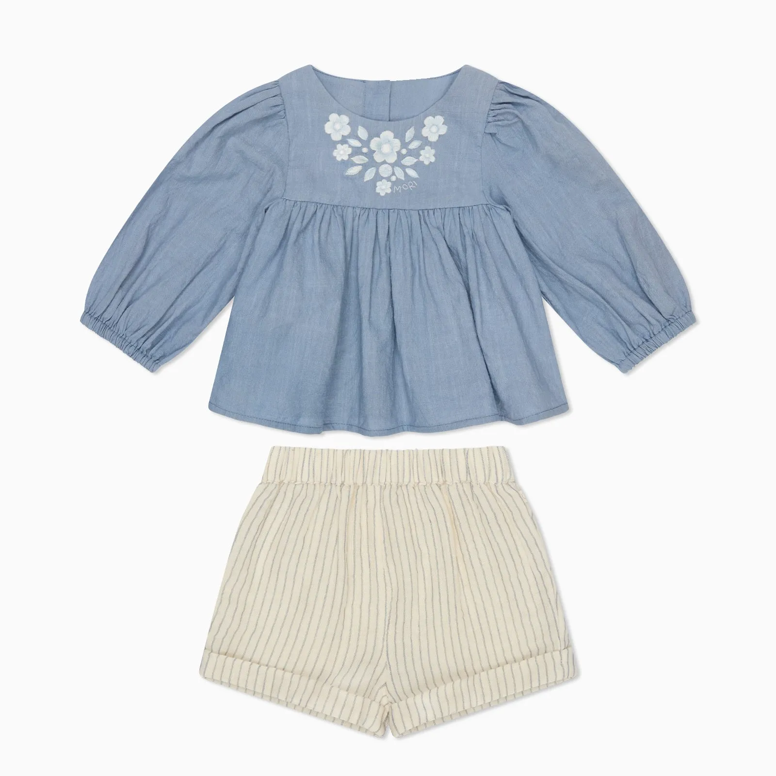 Blumen-Baumwollbluse & Gestreifte Musselin-Shorts Outfit