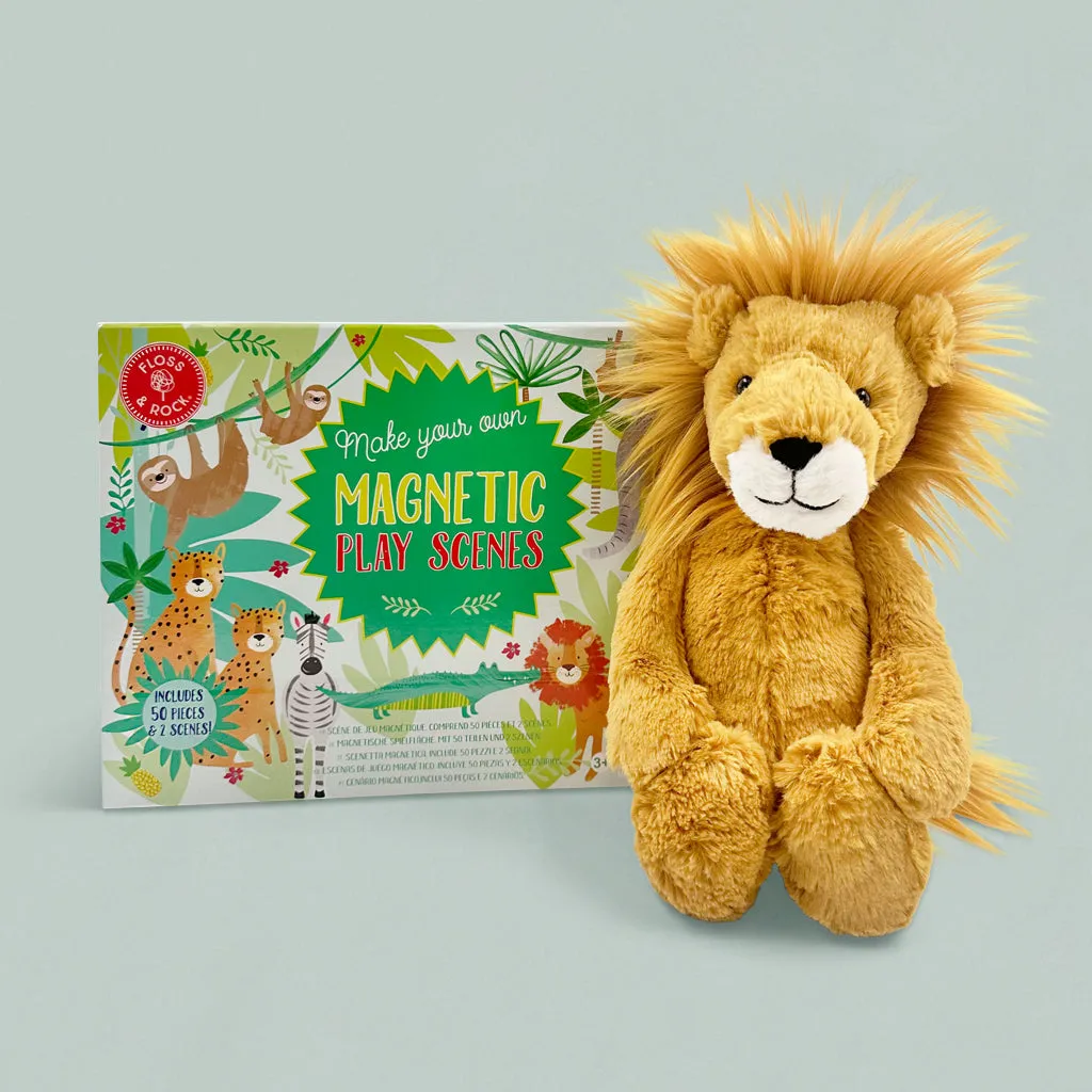 Floss & Rock Magnetische Spielszenen, Dschungel mit Jellycat Schüchterner Löwe Geschenkset