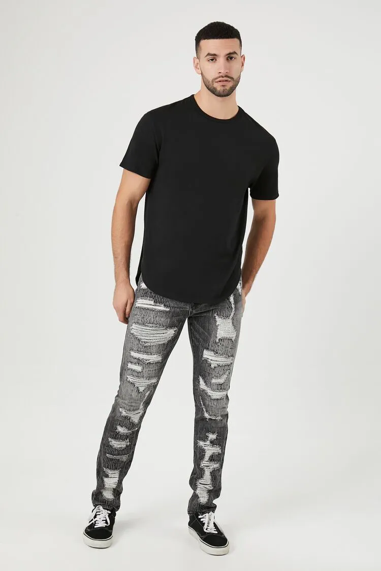 Forever 21 Herren Slim-Fit Jeans mit Used-Optik aus Stretch-Denim in Washed Black von Forever 21