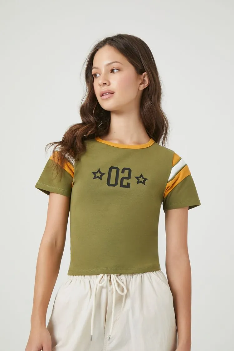 Forever 21 Damen 02 Grafik-Ringer Baby-T-Shirt Olive/Mehrfarbig Forever 21