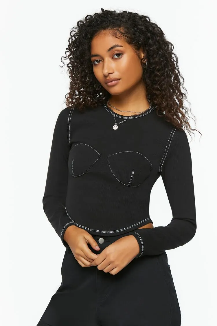 Forever 21 Damen Bustier-Genähtes Langarmtop Schwarz/Weiß Forever 21