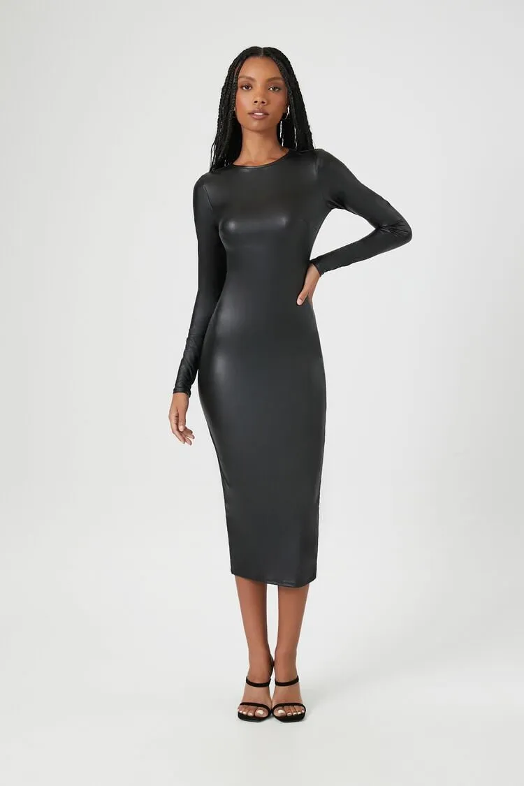 Forever 21 Damen Kunstleder-Bodycon-Midi-Kleid Schwarz Forever 21