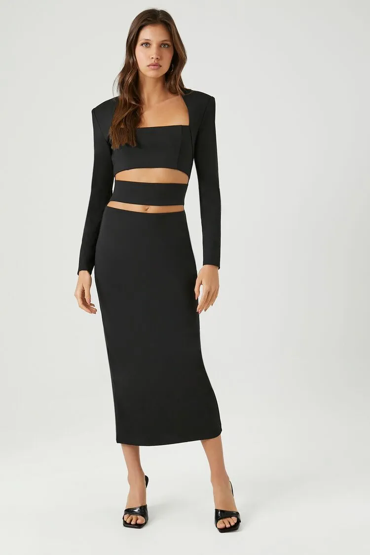 Forever 21 Damen Ponte Strick Midikleid mit Ausschnitt in Schwarz