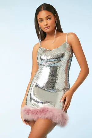Forever 21 Women's Sequin Faux Fur-Trim Mini Dress Silver/Pink Forever 21