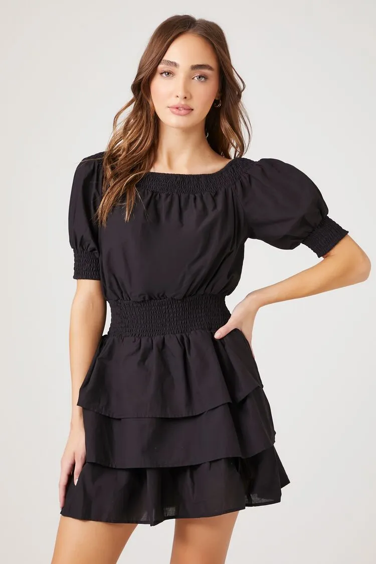 Forever 21 Damen Smocked Puff-Ärmel Minikleid Schwarz Forever 21