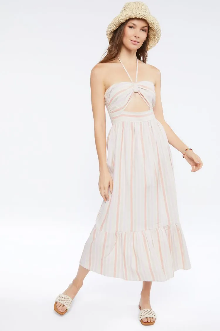 Forever 21 Damen Gestreiftes Leinen-Mix-Midi-Kleid Rosa/Mehrfarbig Forever 21