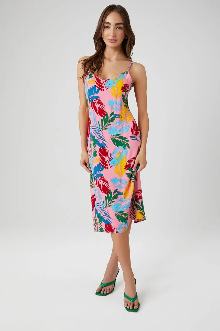 Forever 21 Damen Midikleid mit tropischem Blattmuster in Rosa/Mehrfarbig Forever 21