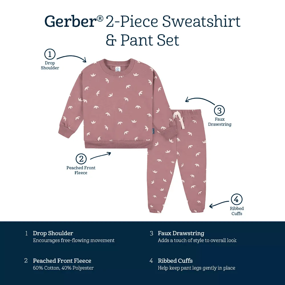 Gerber Baby und Kleinkind Mädchen 2-teiliges Sweatshirt & Aktivhosen-Set - Vögel Babykids Gerber